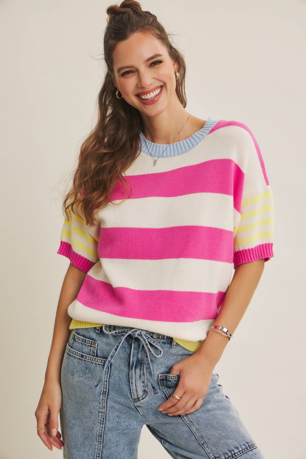 Mandi Striped Short Sleeve Knit Top (Fuchsia)