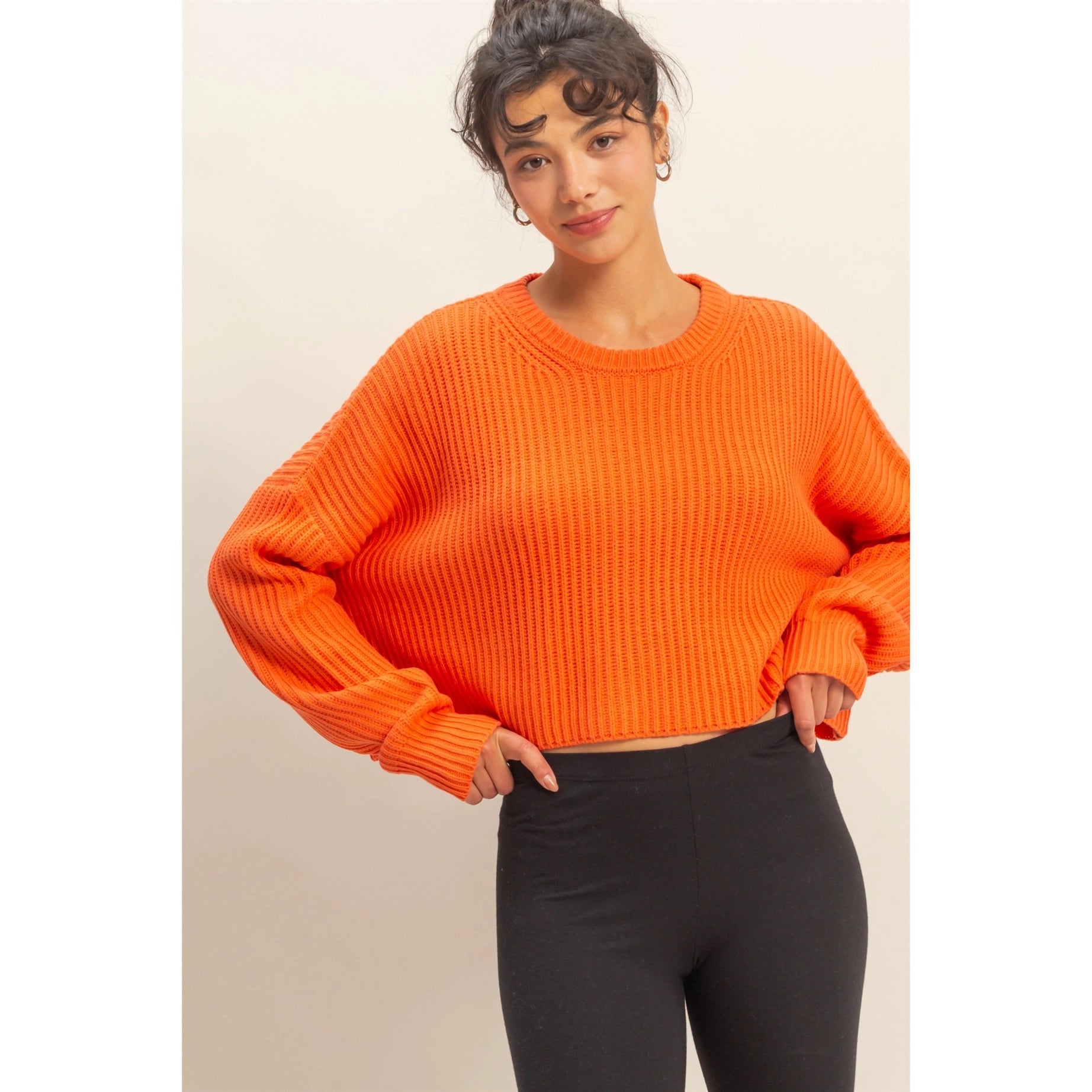 Cropped Knit Crewneck Sweater (Orange)