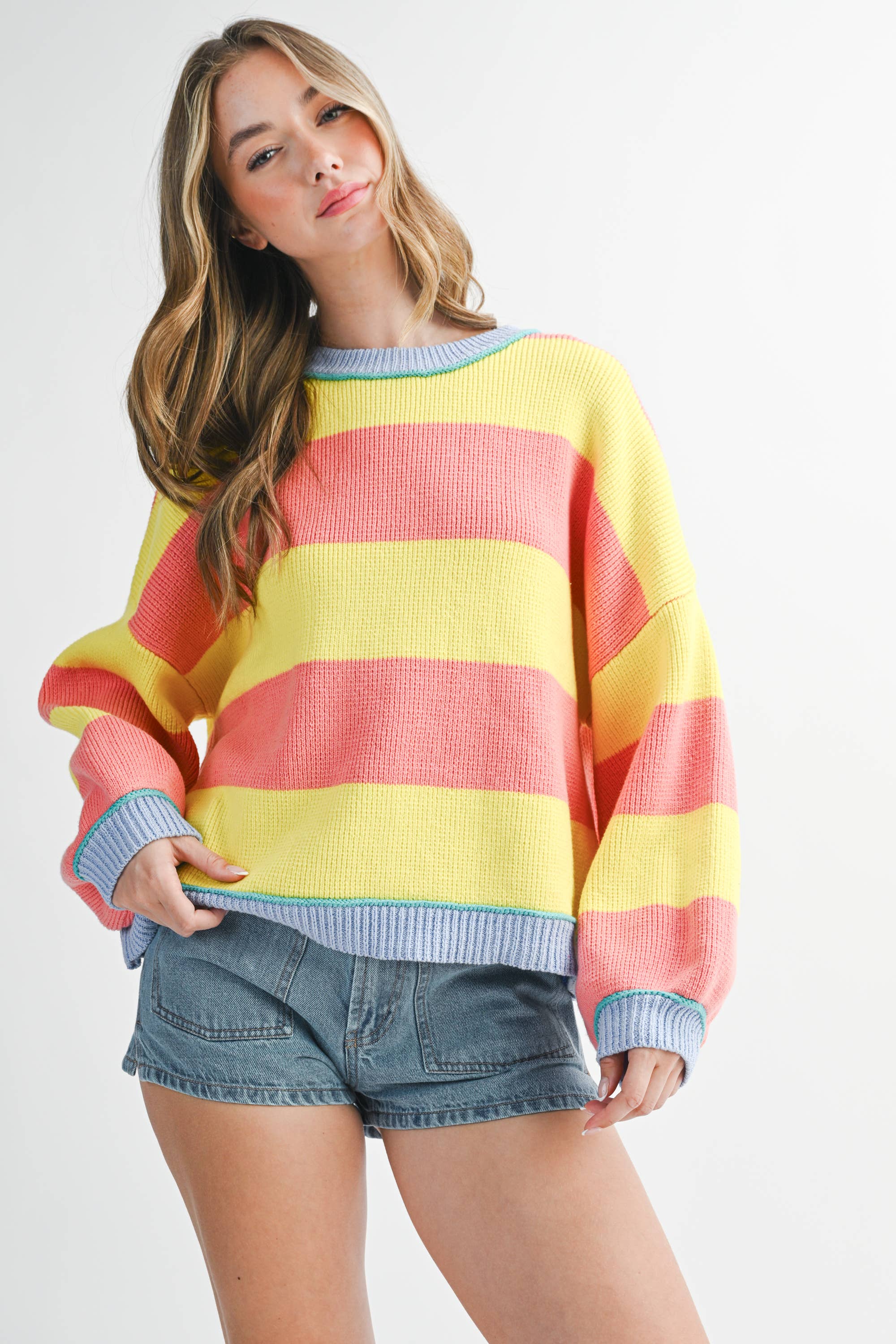 Striped Knit Crewneck Pullover Sweater