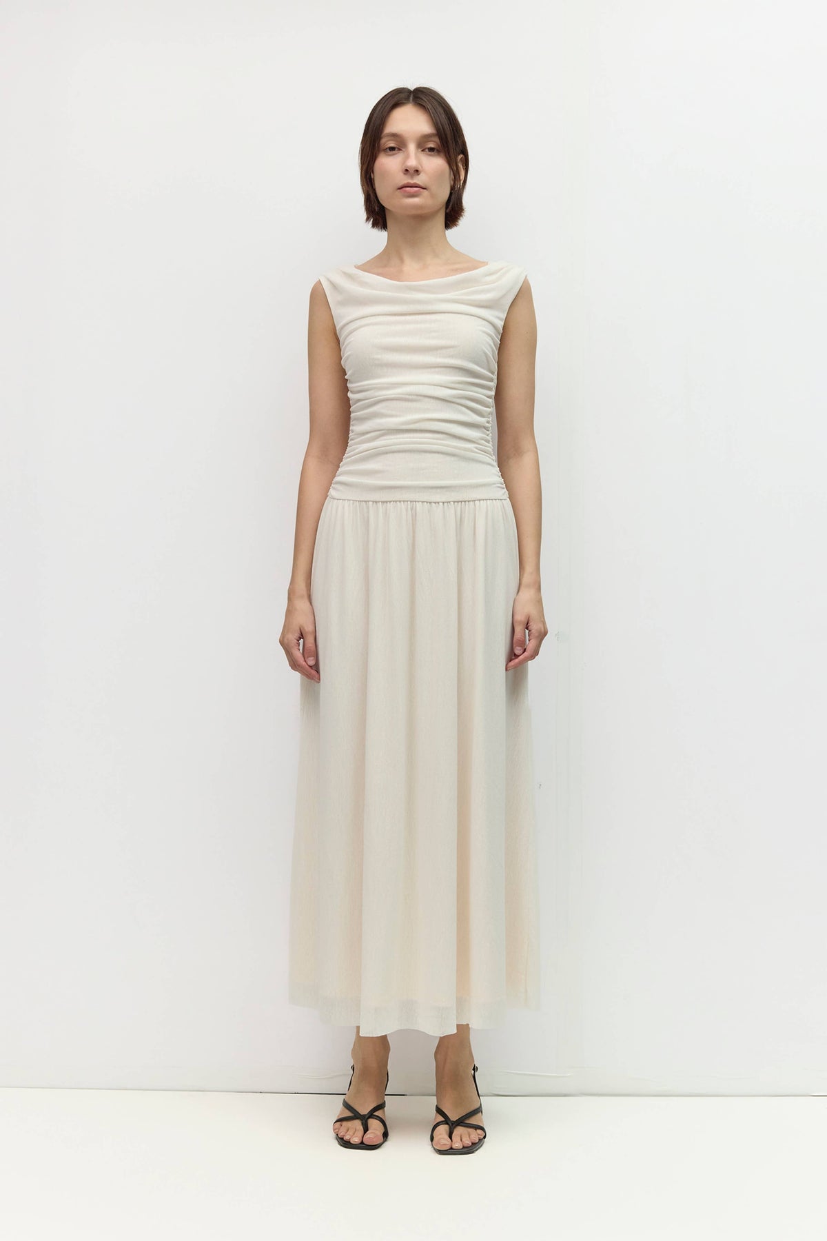 The Annabelle Dress (Cowl Wide Neck Drape Mesh Midi Dress, Ivory) | All Row