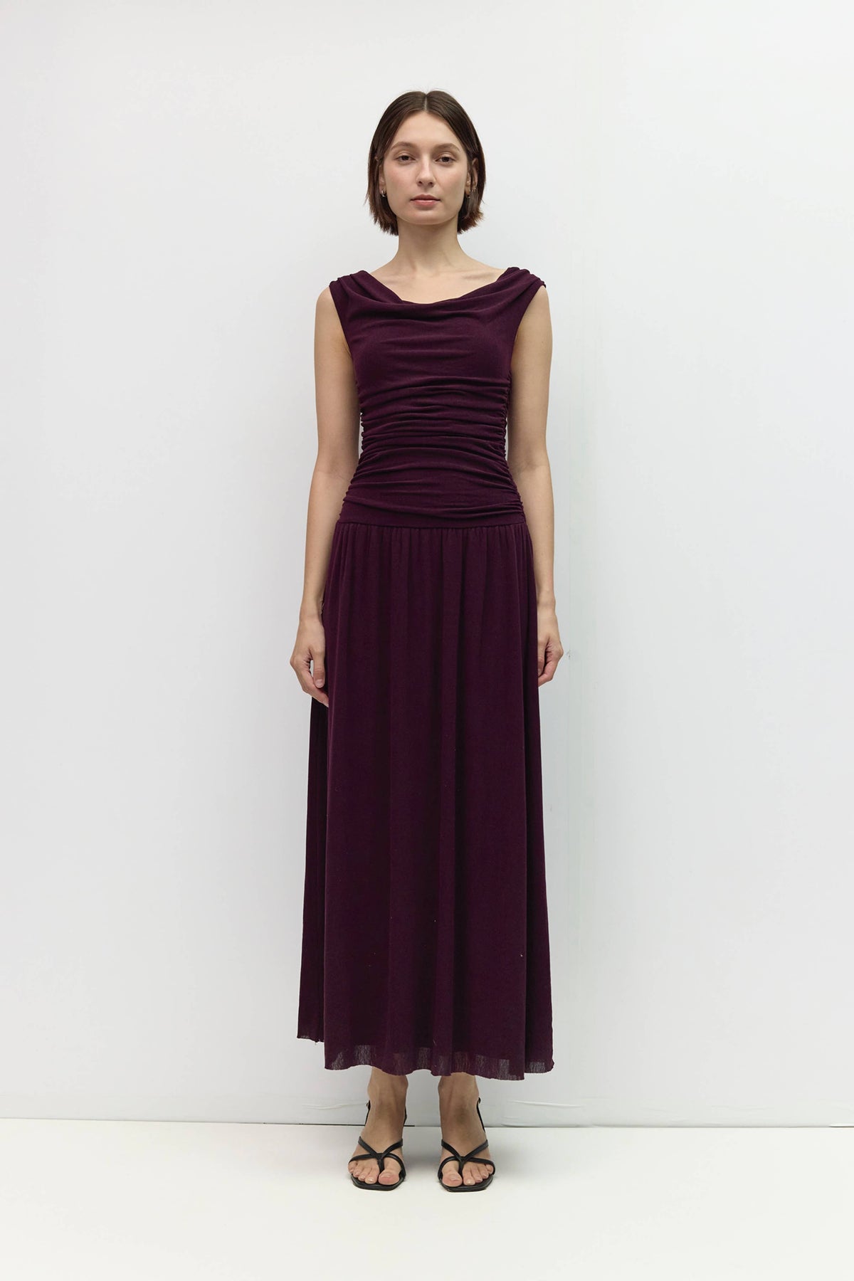 The Annabelle Dress (Cowl Wide Neck Drape Mesh Midi Dress, Plum) | All Row