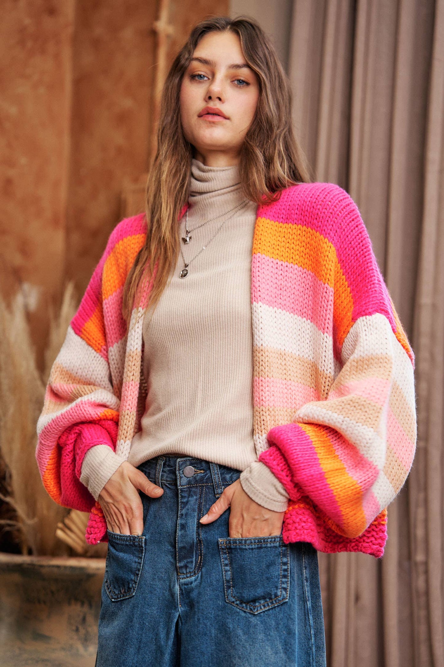 Striped Balloon Sleeve Cardi