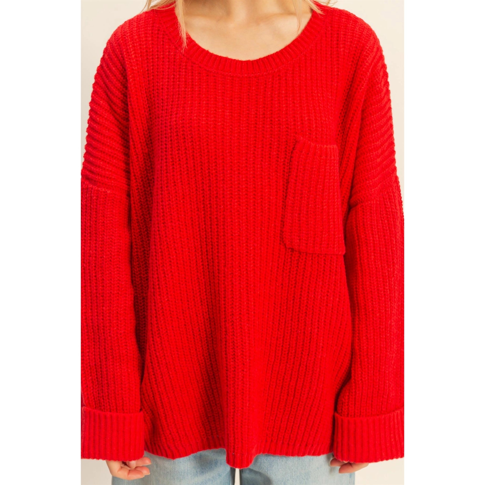 Oversized Ribbed Knit Sweater (Red)