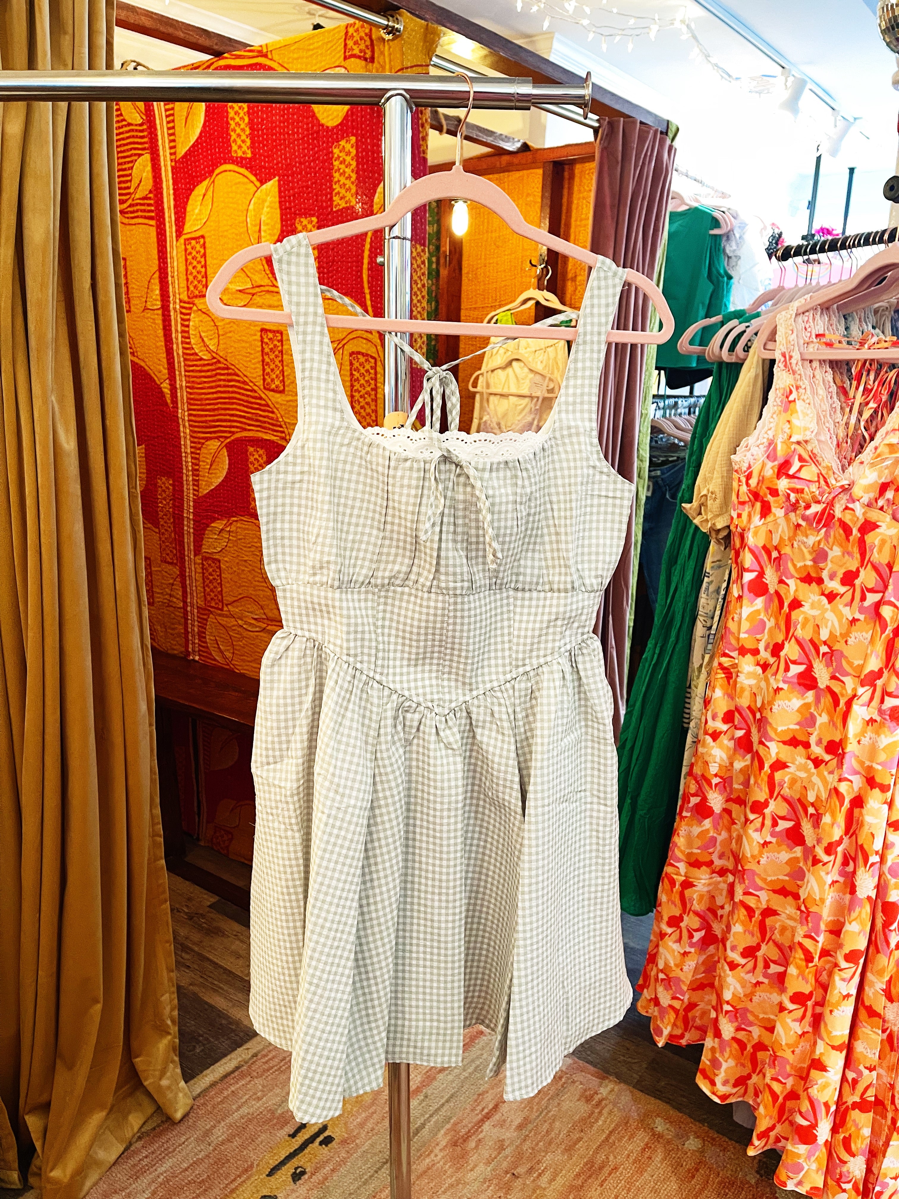 Drop Waist Gingham Minidress (Fern)