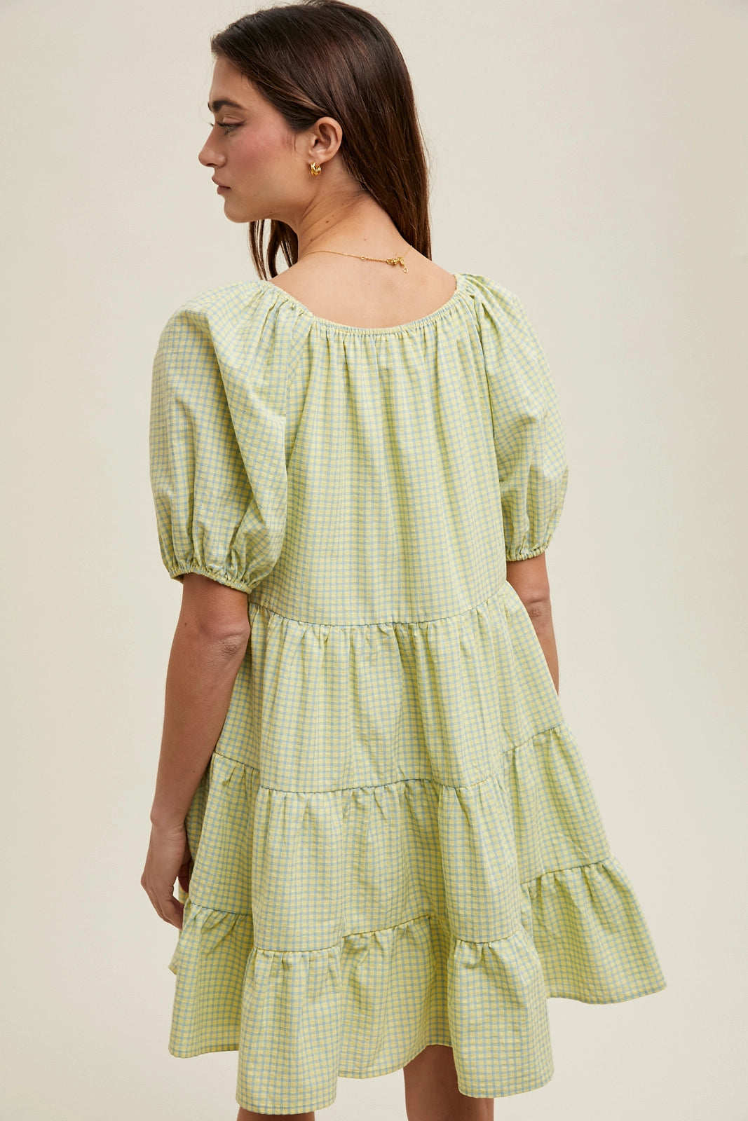 Plaid Puff-Sleeve Tiered Minidress (Blue + Yellow)