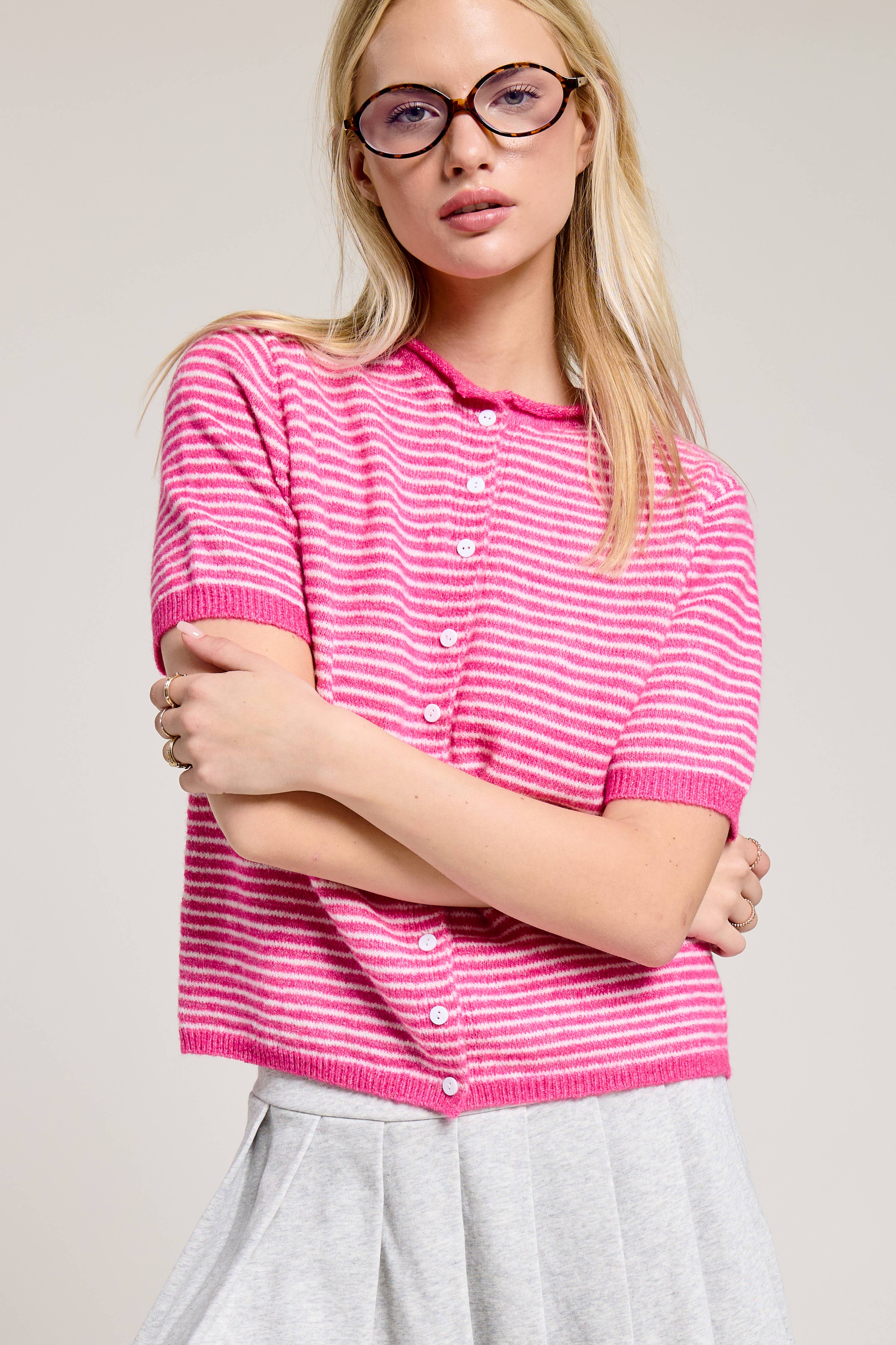 Fuzzy Short-Sleeve Cardigan (Pink)