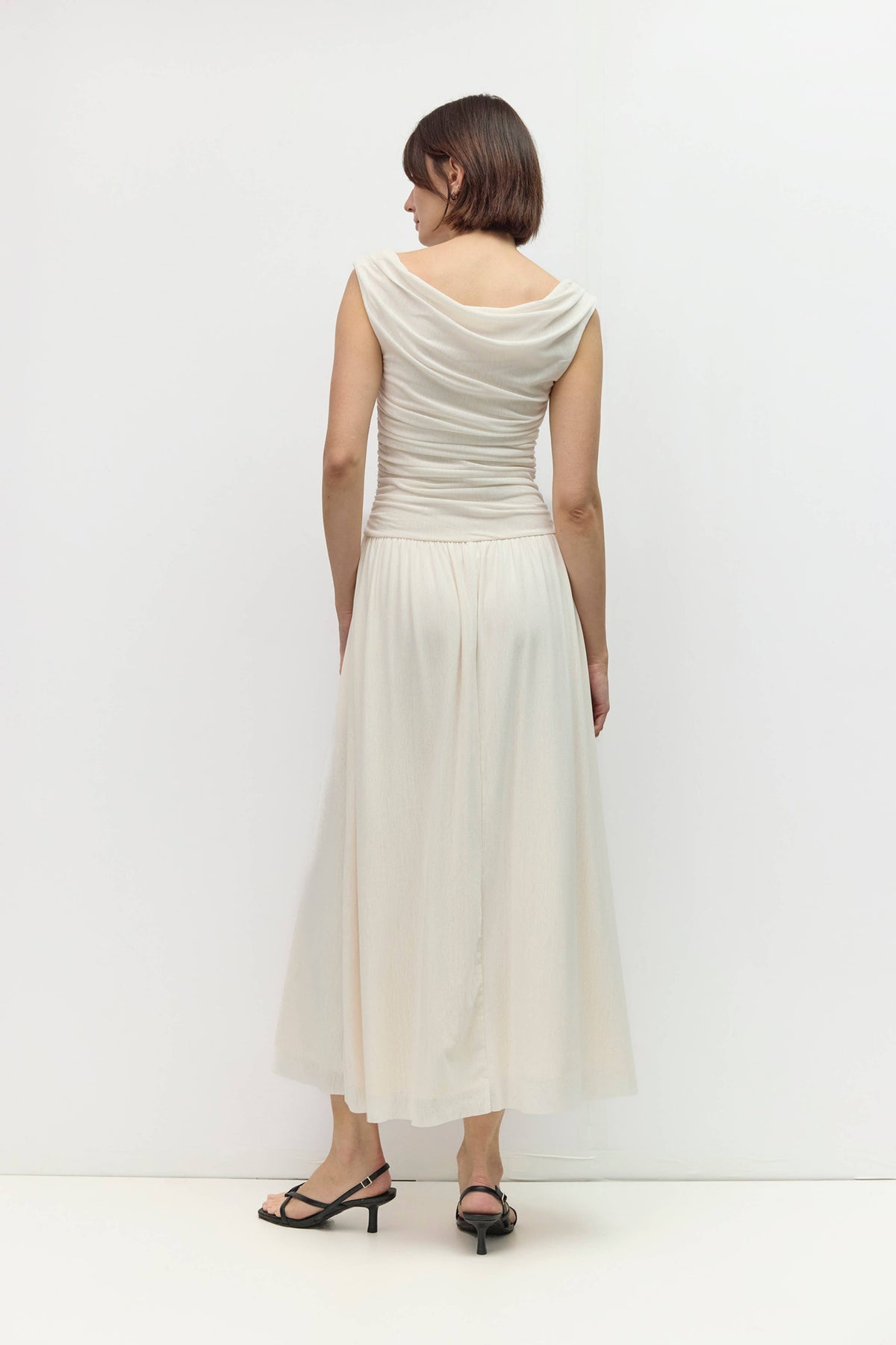 The Annabelle Dress (Cowl Wide Neck Drape Mesh Midi Dress, Ivory) | All Row