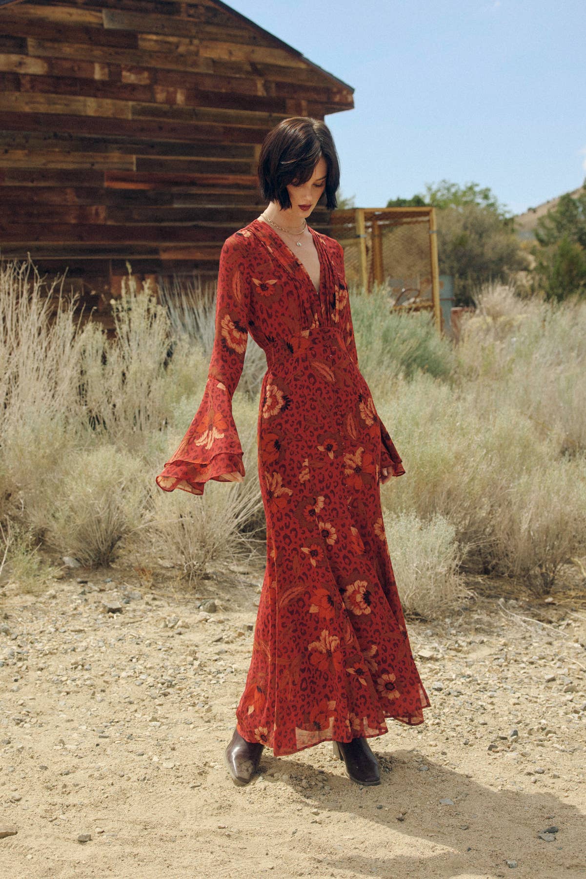 Harvest Ruffled Bell Sleeve Maxi Dress