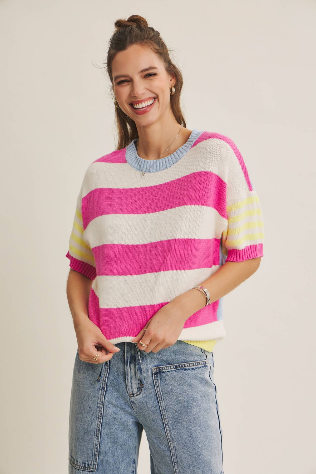 Mandi Striped Short Sleeve Knit Top (Fuchsia)