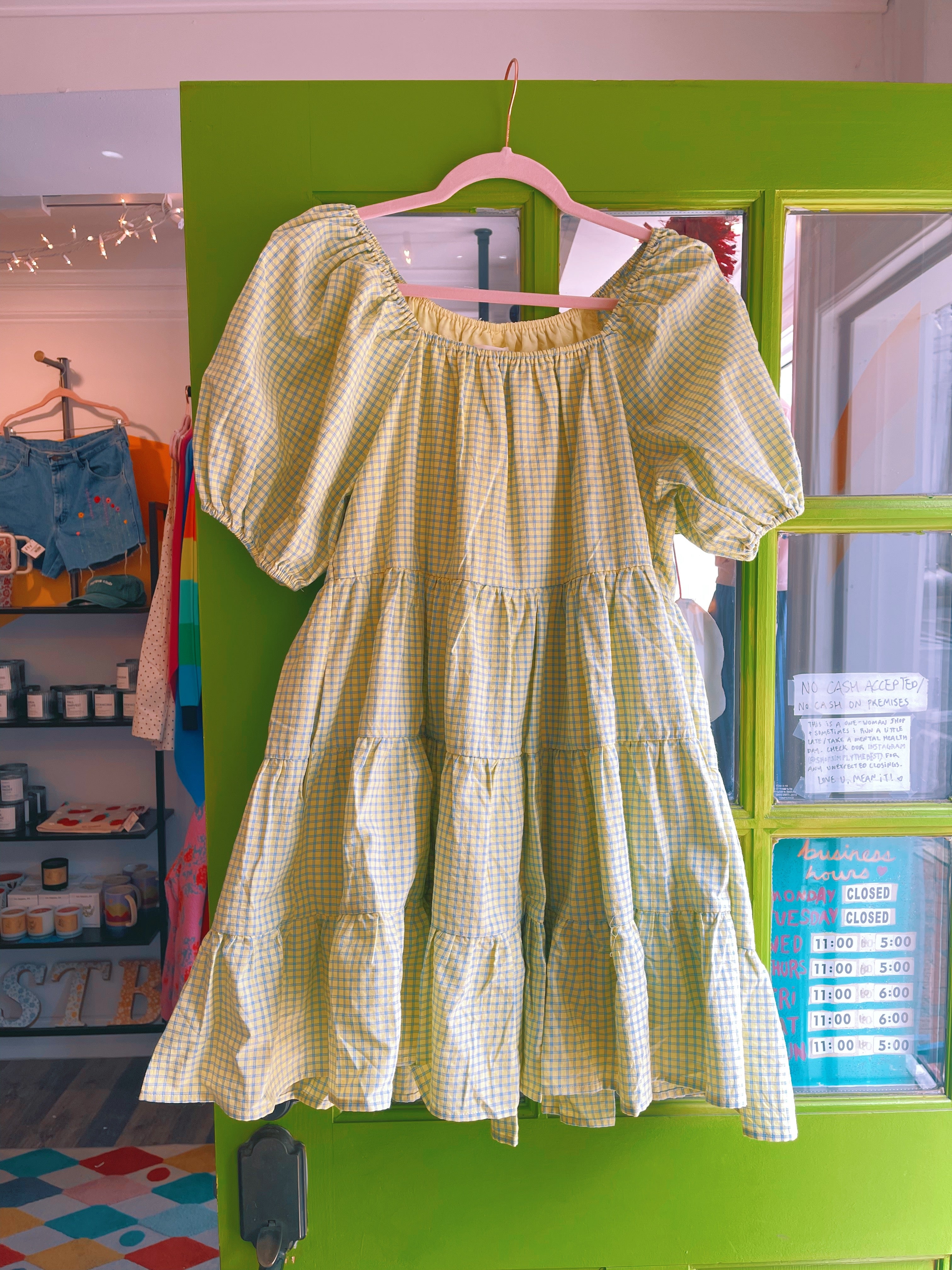 Plaid Puff-Sleeve Tiered Minidress (Blue + Yellow)