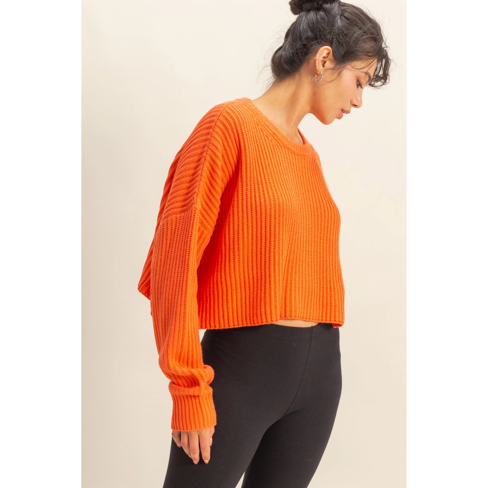 Cropped Knit Crewneck Sweater (Orange)