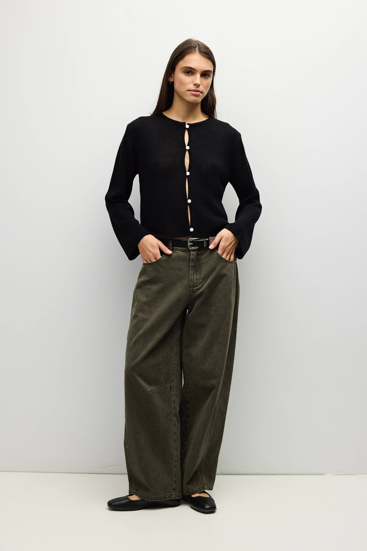 The Morgan Cardigan (Open Button Hole Long Sleeve Cardigan, Black) | All Row