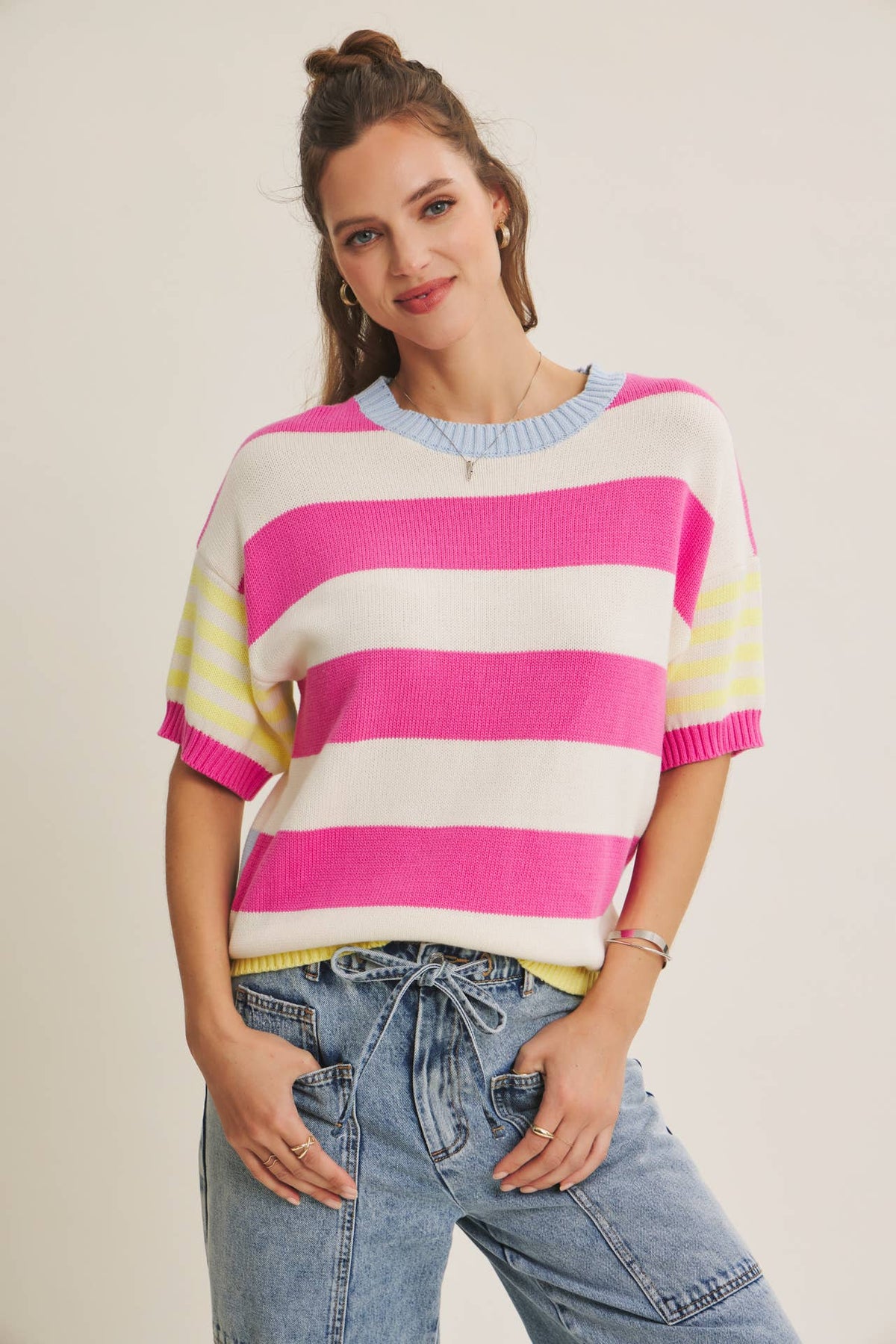 Mandi Striped Short Sleeve Knit Top (Fuchsia)