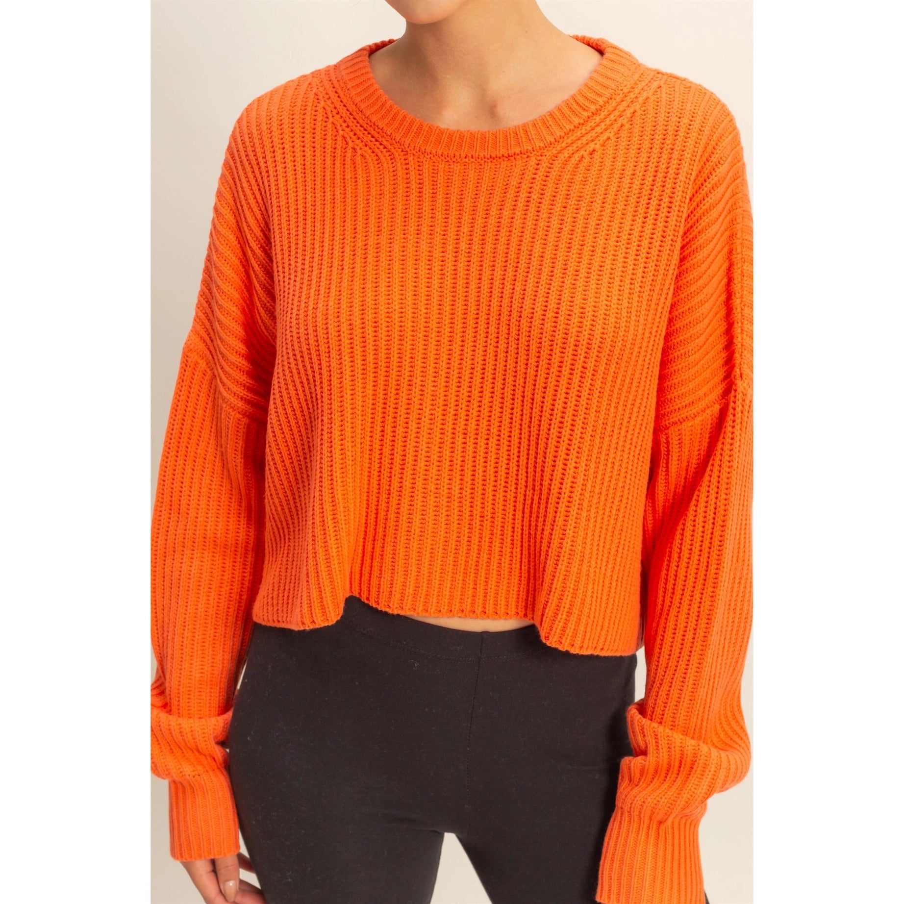 Cropped Knit Crewneck Sweater (Orange)