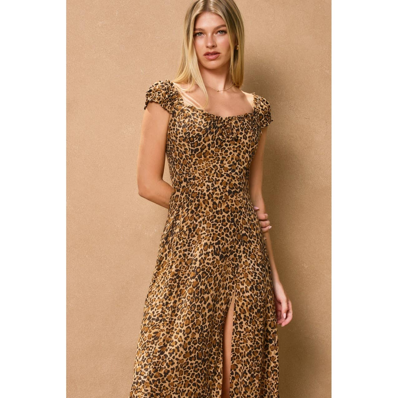 Leopard Cap Sleeve Midi Dress
