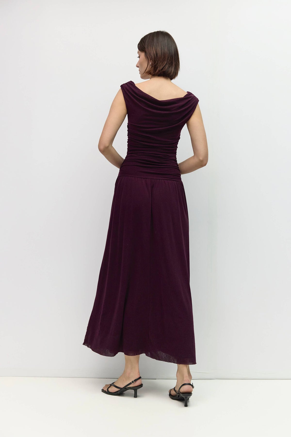 The Annabelle Dress (Cowl Wide Neck Drape Mesh Midi Dress, Plum) | All Row
