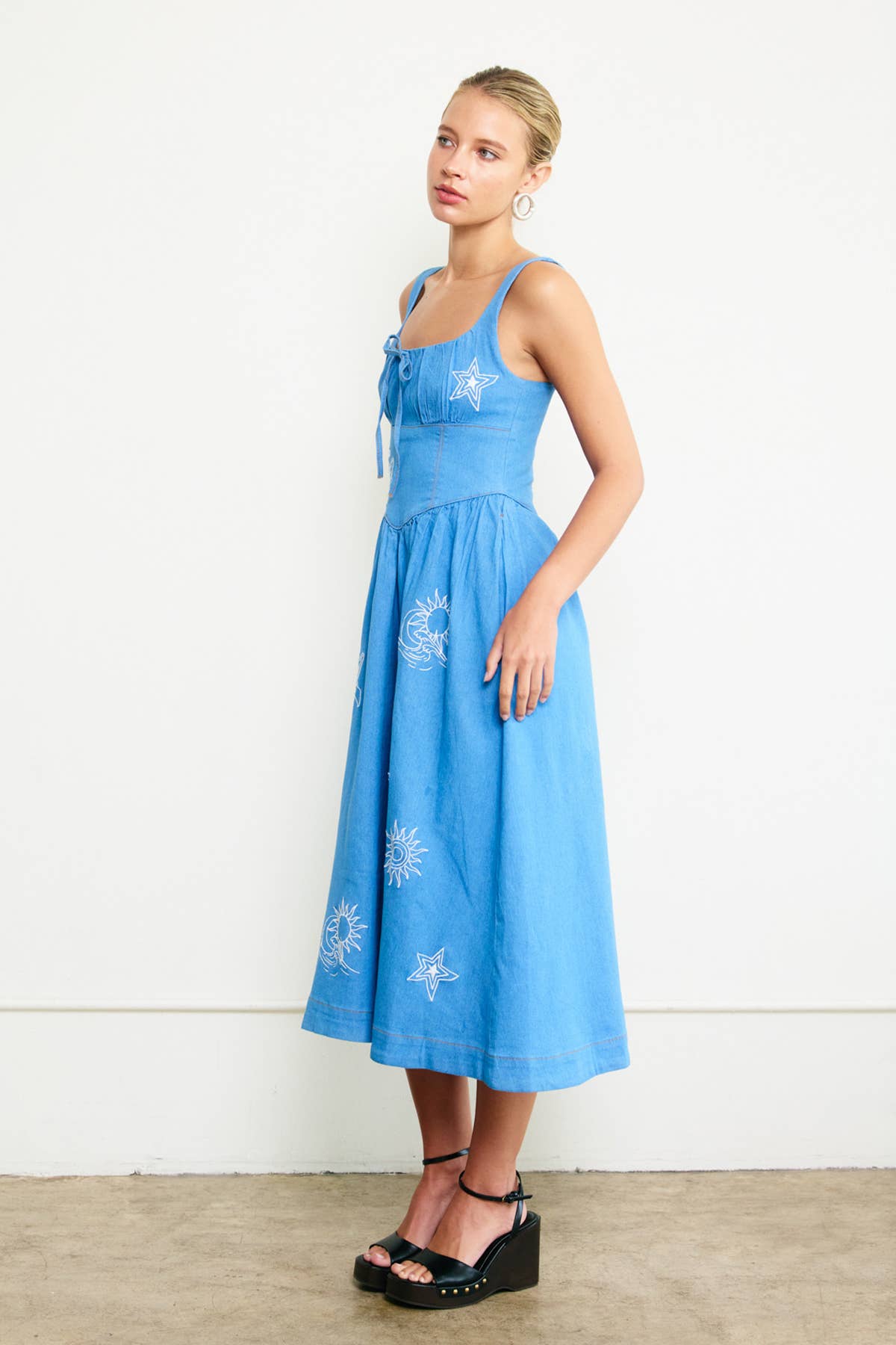 Doodle-Embroidered Denim Sundress