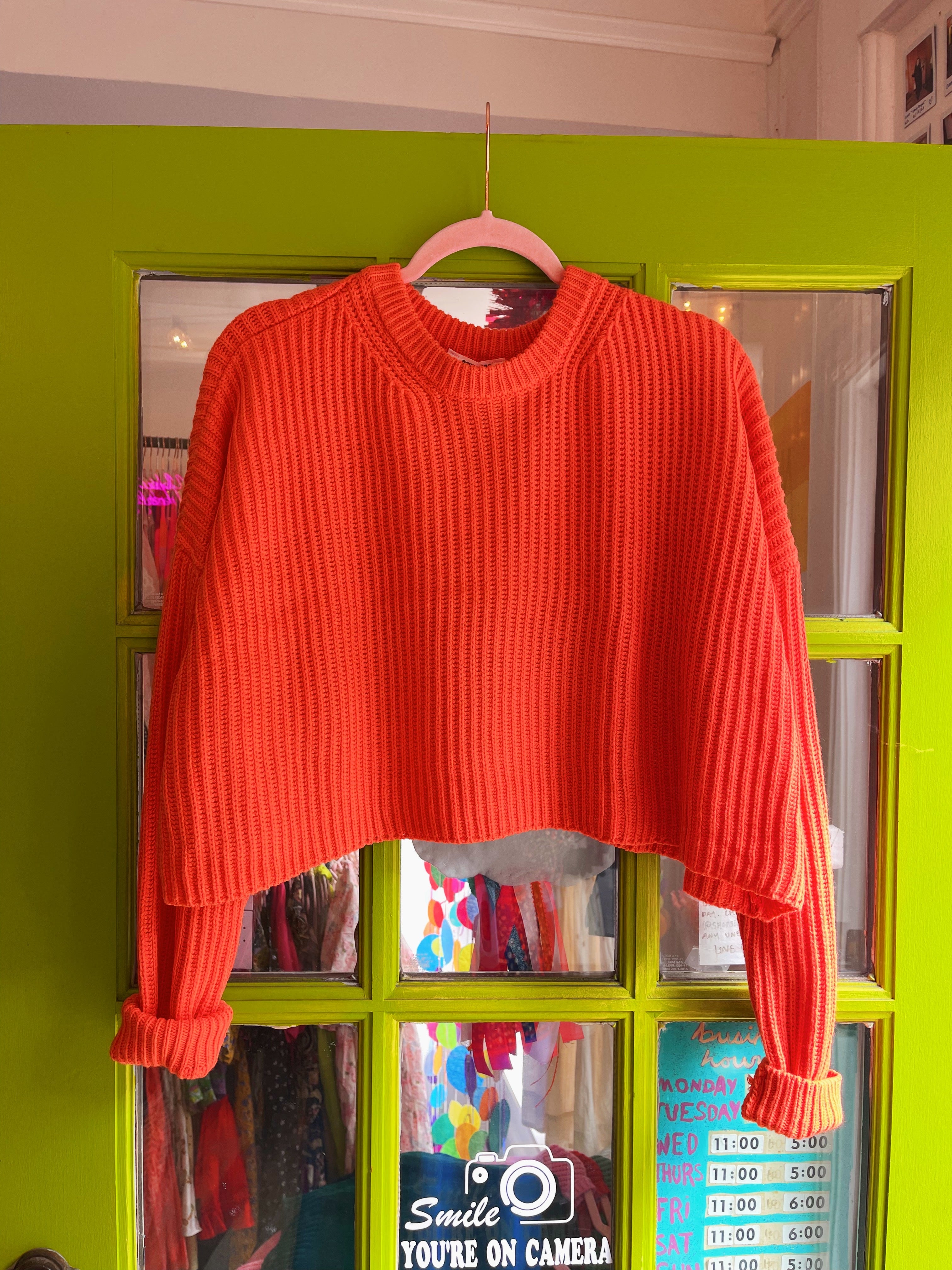 Cropped Knit Crewneck Sweater (Orange)