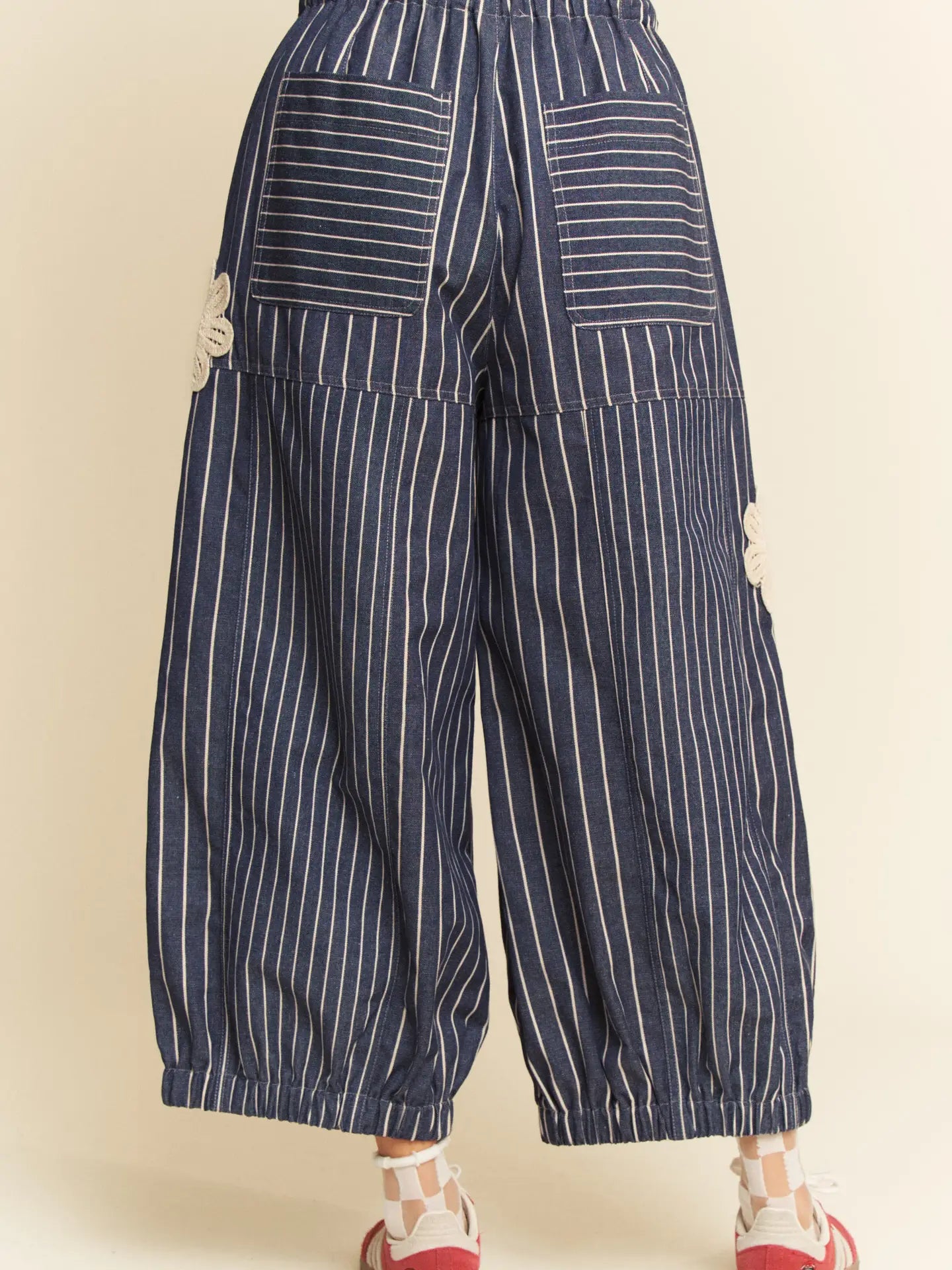Denim Striped Applique Barrel Pants