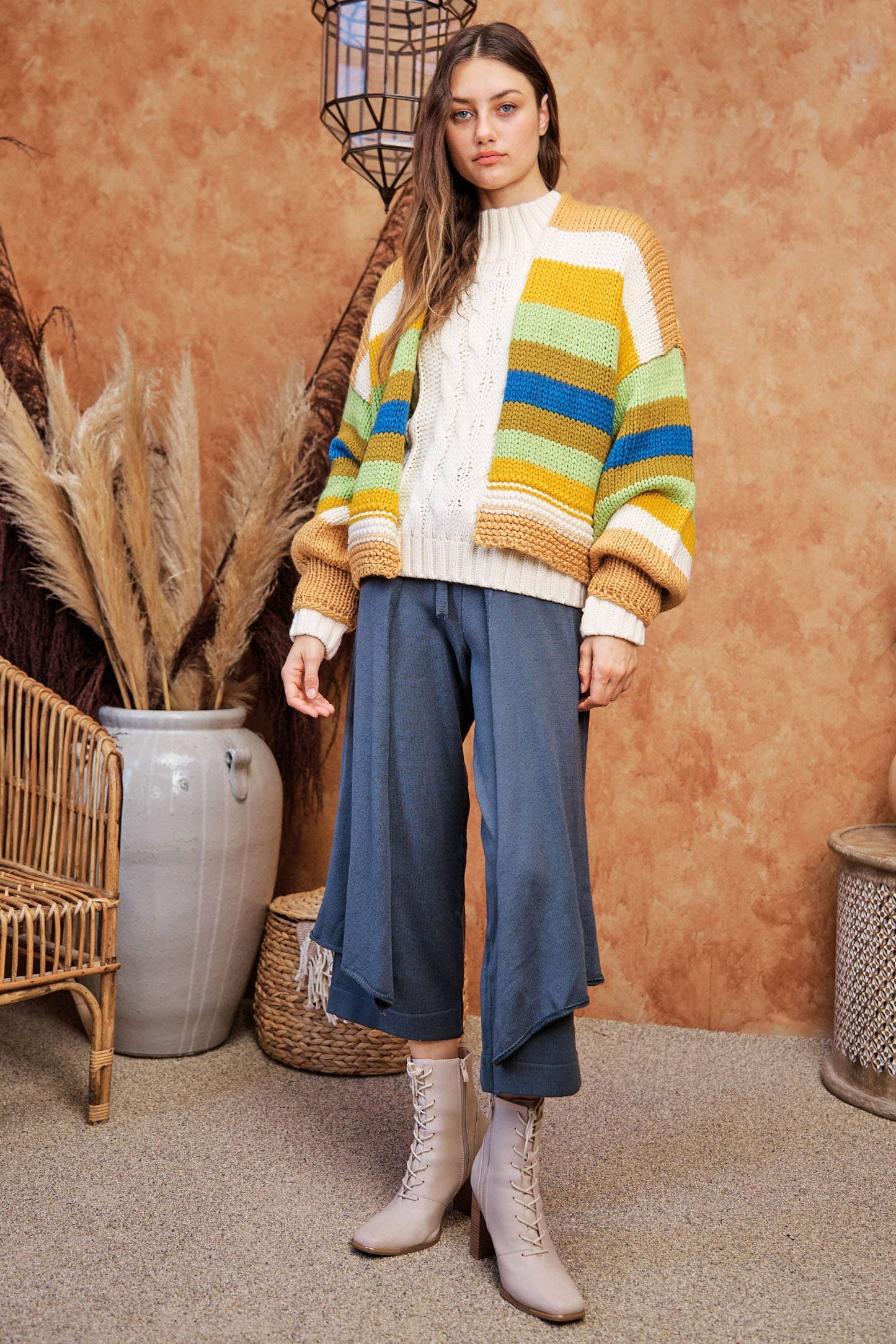 Striped Balloon Sleeve Cardi