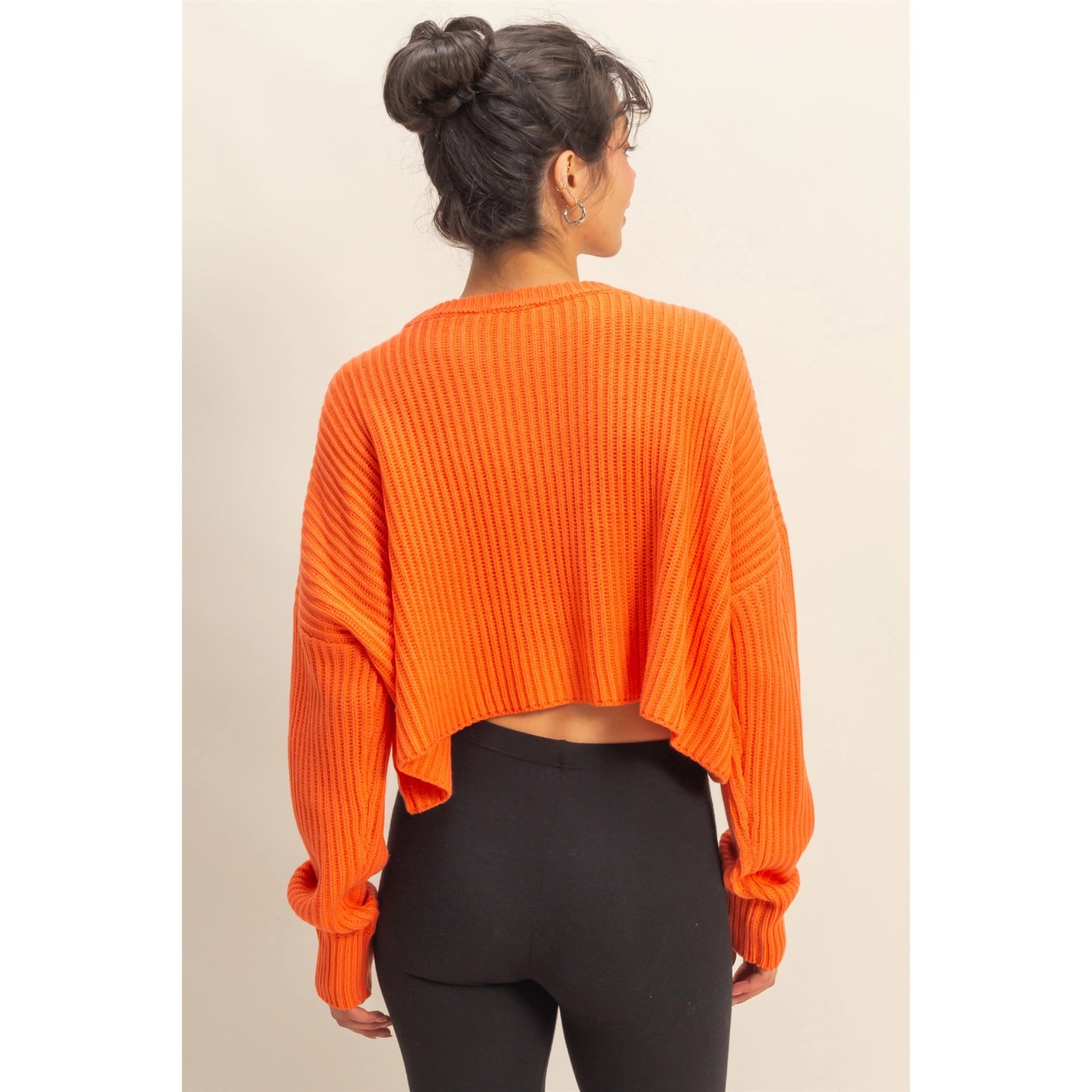 Cropped Knit Crewneck Sweater (Orange)