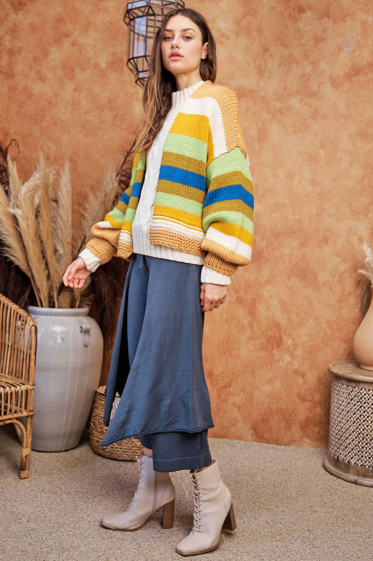 Striped Balloon Sleeve Cardi