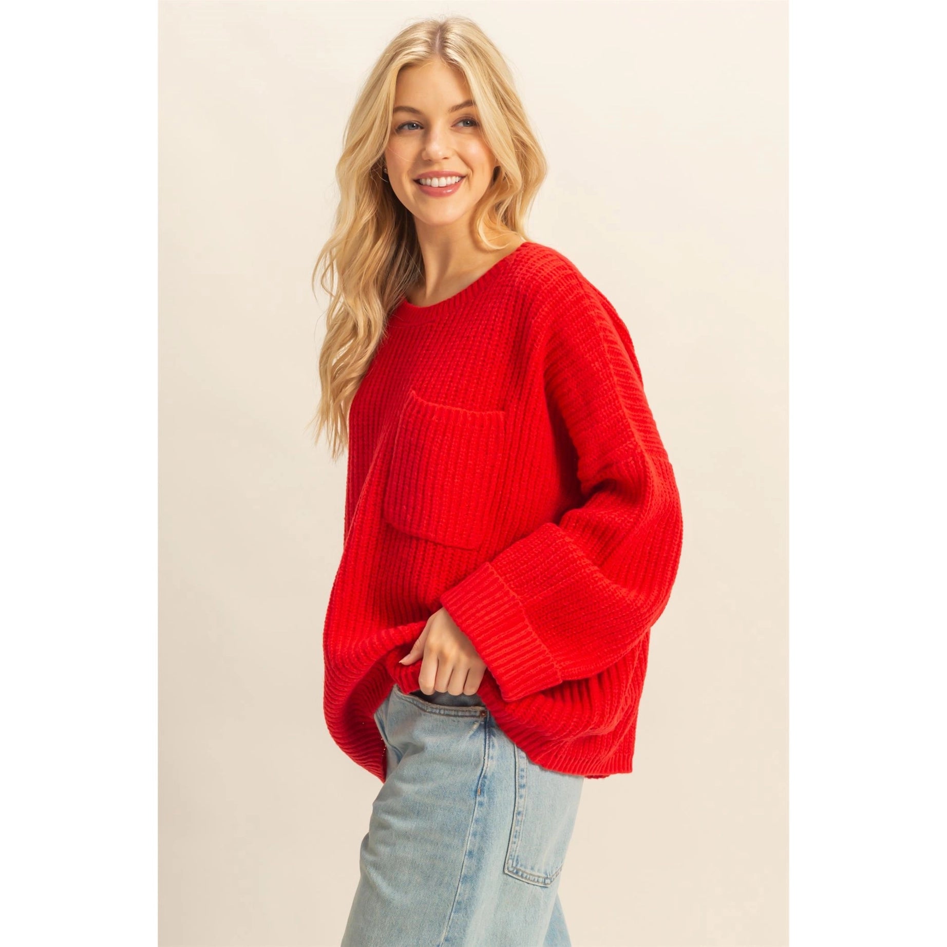 Oversized Ribbed Knit Sweater (Red)