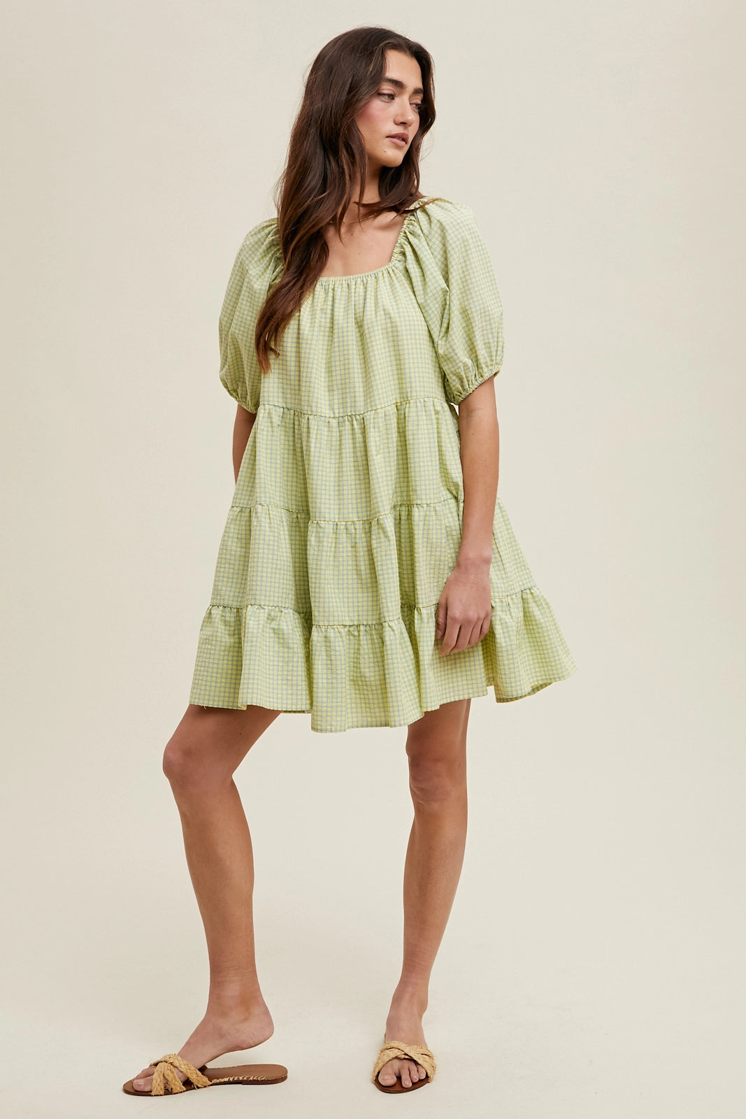 Plaid Puff-Sleeve Tiered Minidress (Blue + Yellow)