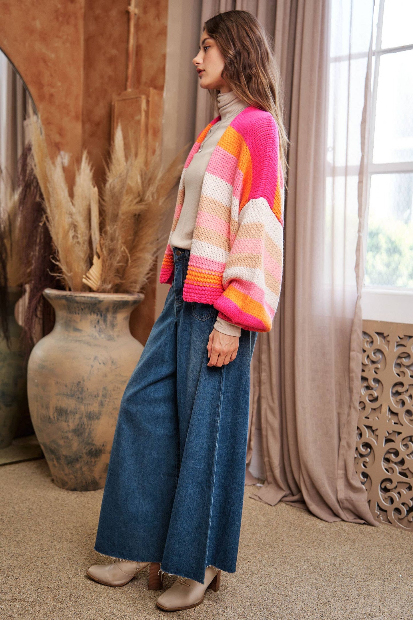 Striped Balloon Sleeve Cardi