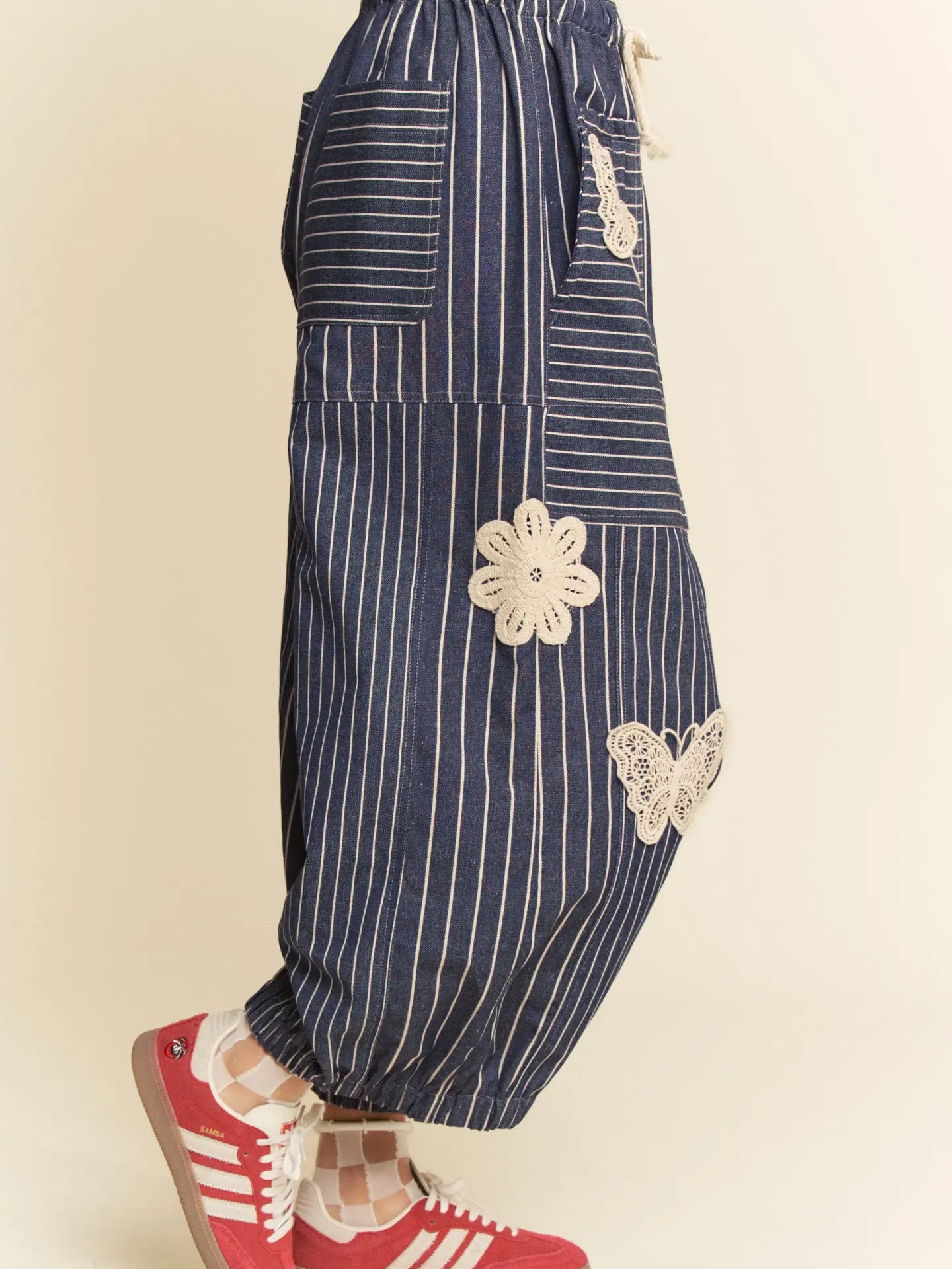 Denim Striped Applique Barrel Pants