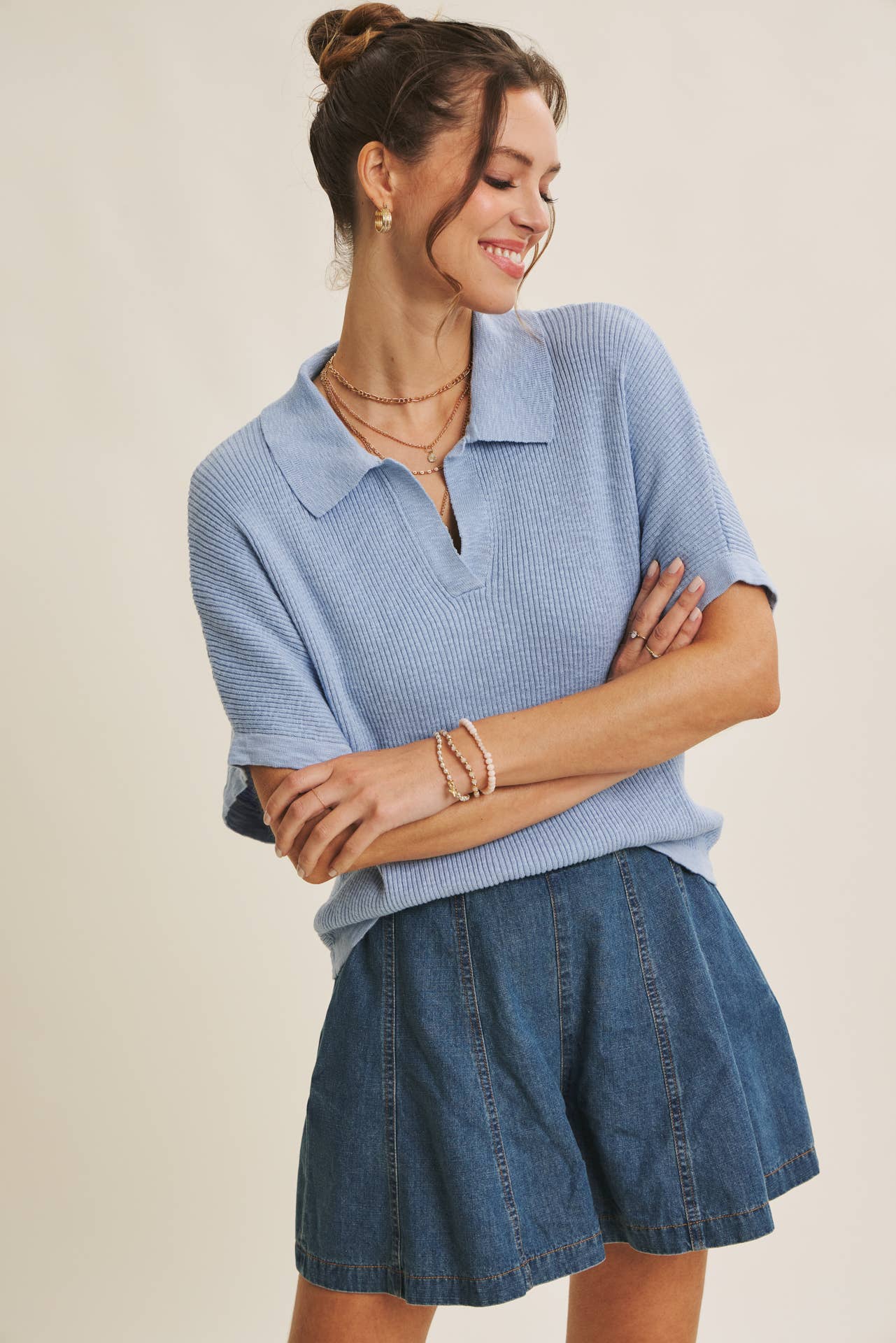 Dolman Sleeve Polo-Neckline Top (Dusty Blue)