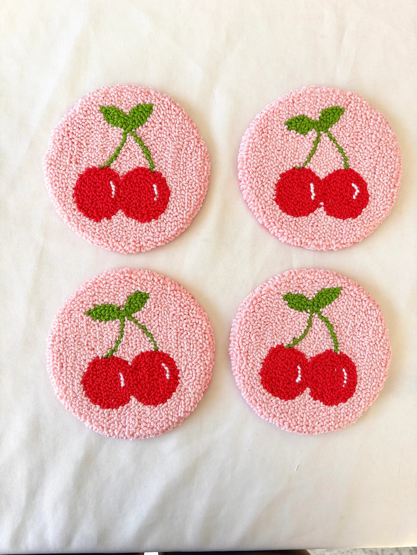 Handmade Tufted Coaster / Mug Rug (Cherries)
