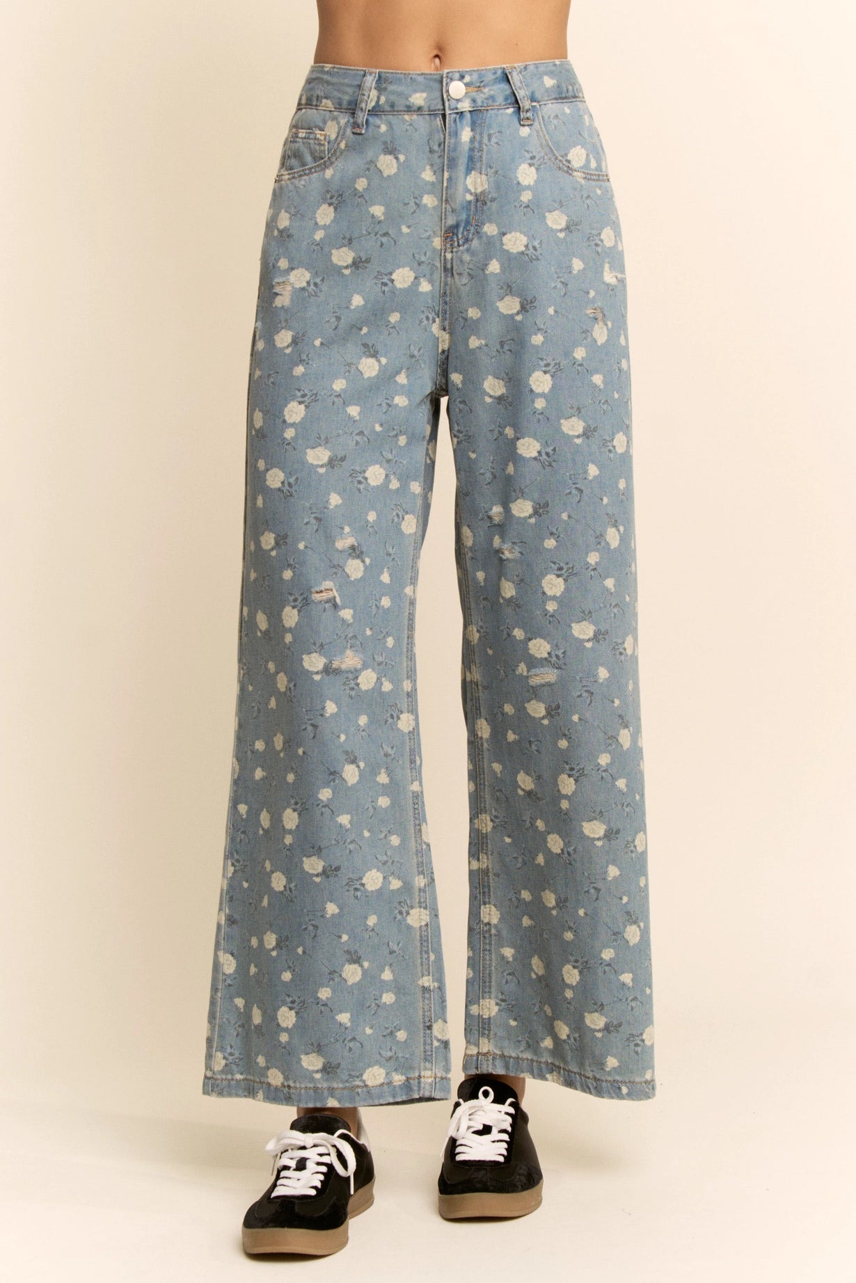 Cropped Floral Print Lightweight Jeans