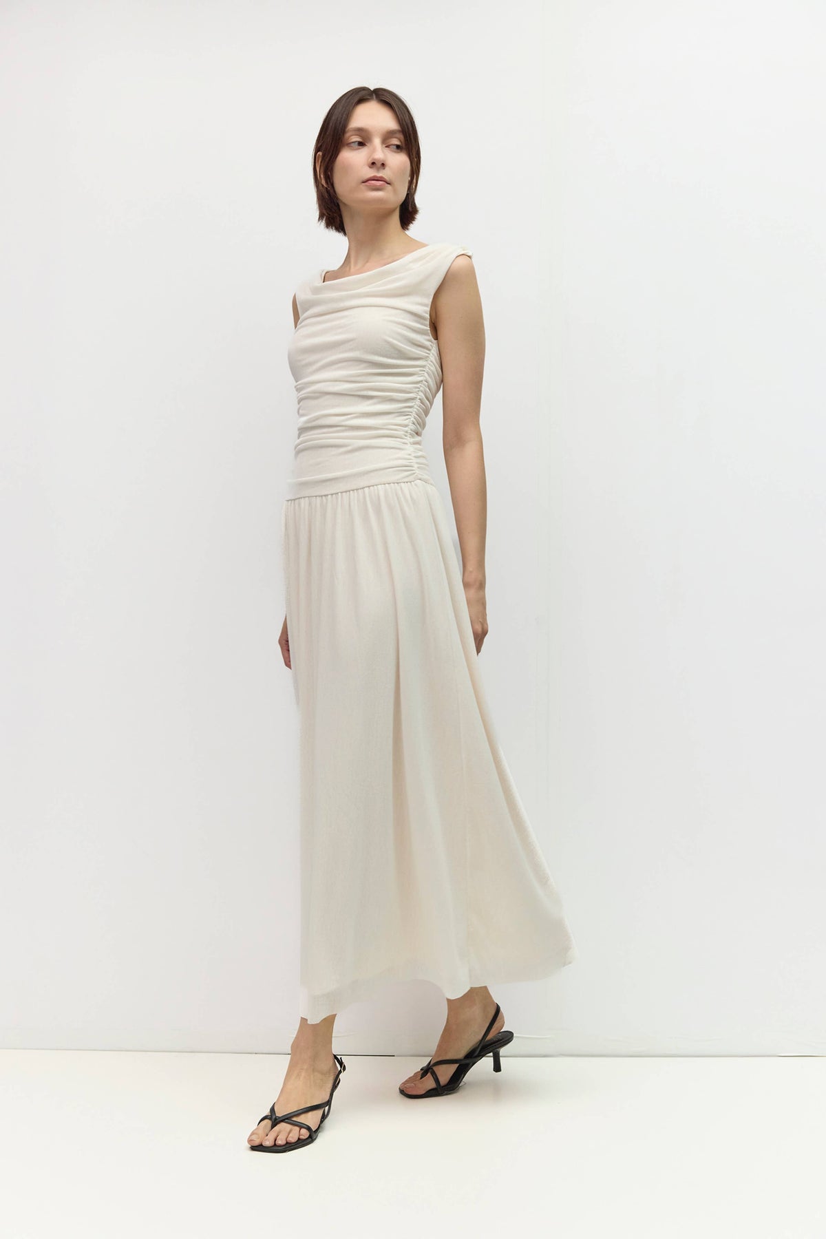 The Annabelle Dress (Cowl Wide Neck Drape Mesh Midi Dress, Ivory) | All Row