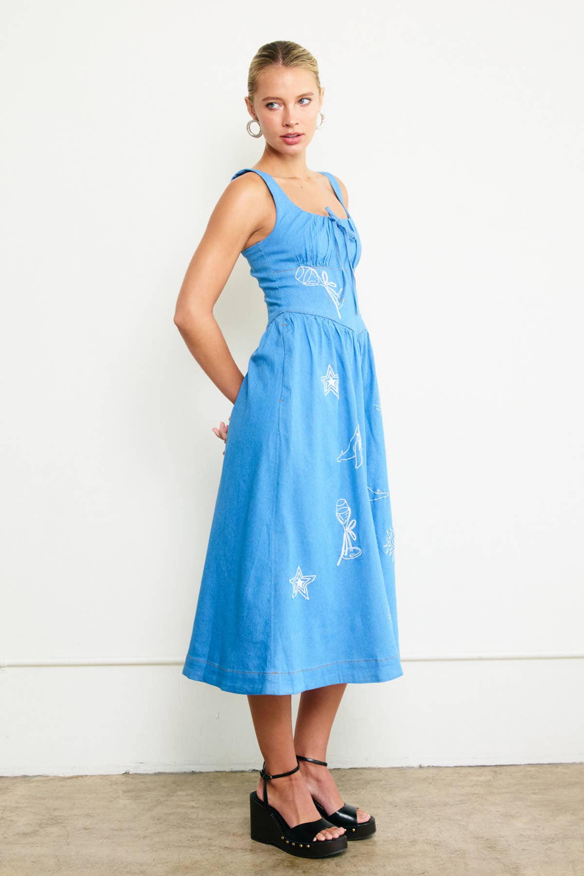 Doodle-Embroidered Denim Sundress