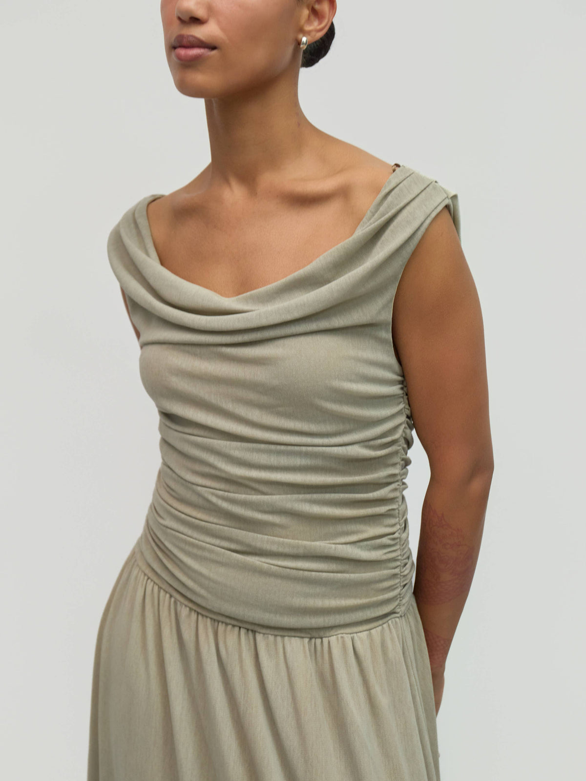 The Annabelle Dress (Cowl Wide Neck Drape Mesh Midi Dress, Taupe) | All Row