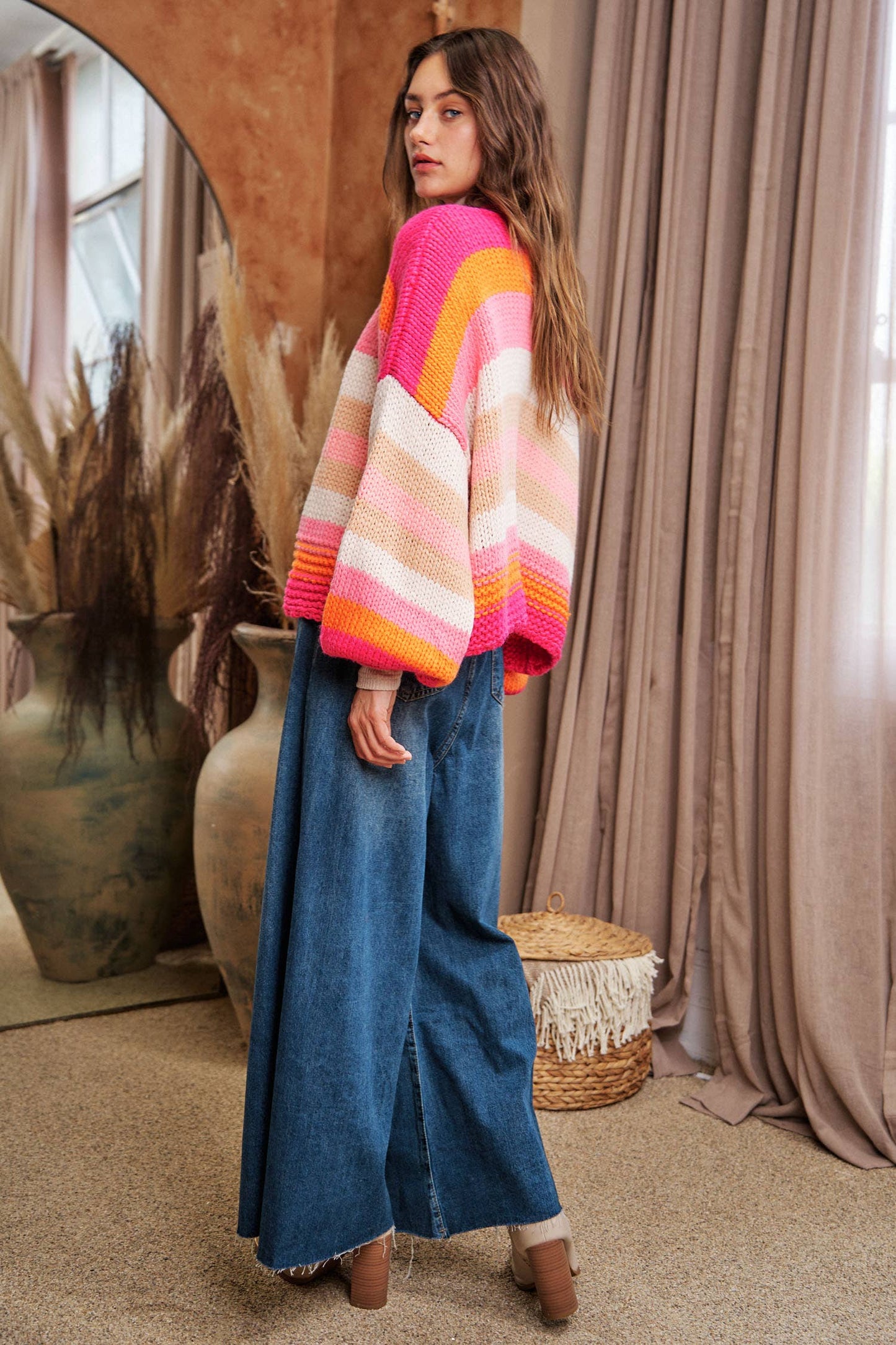 Striped Balloon Sleeve Cardi