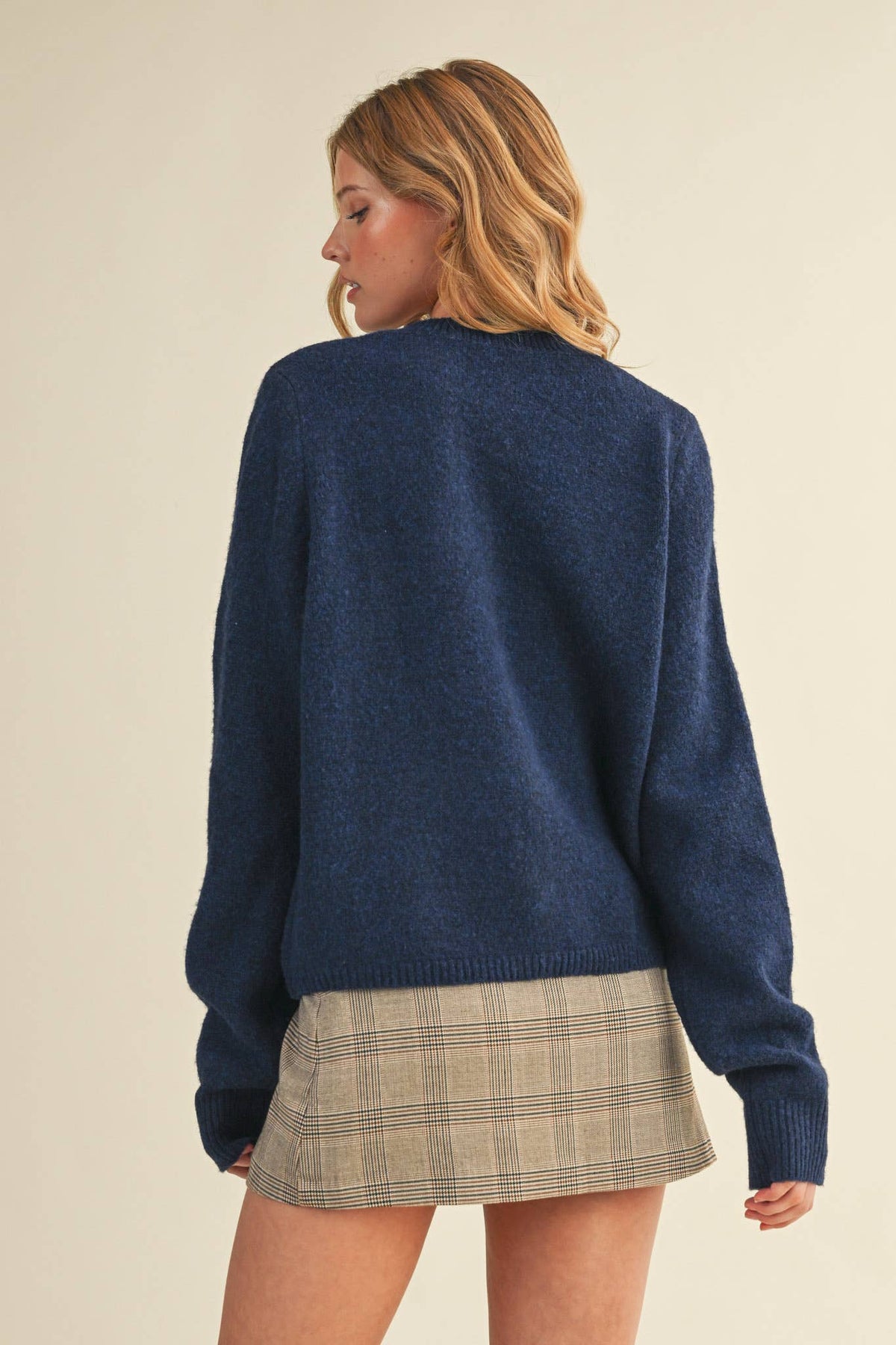 Marled Knit Collarless Cardi (Navy)