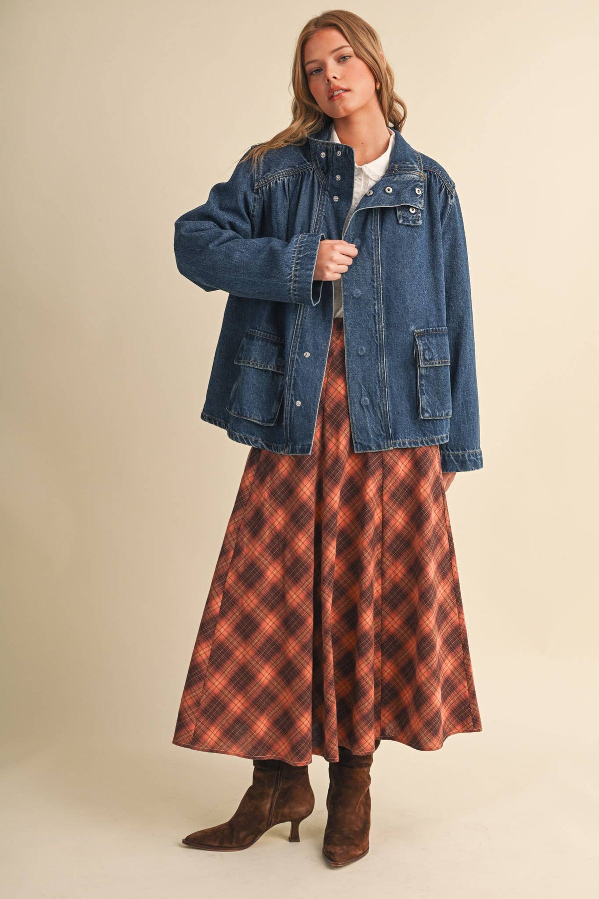 Hi-Collar Denim Utility Jacket