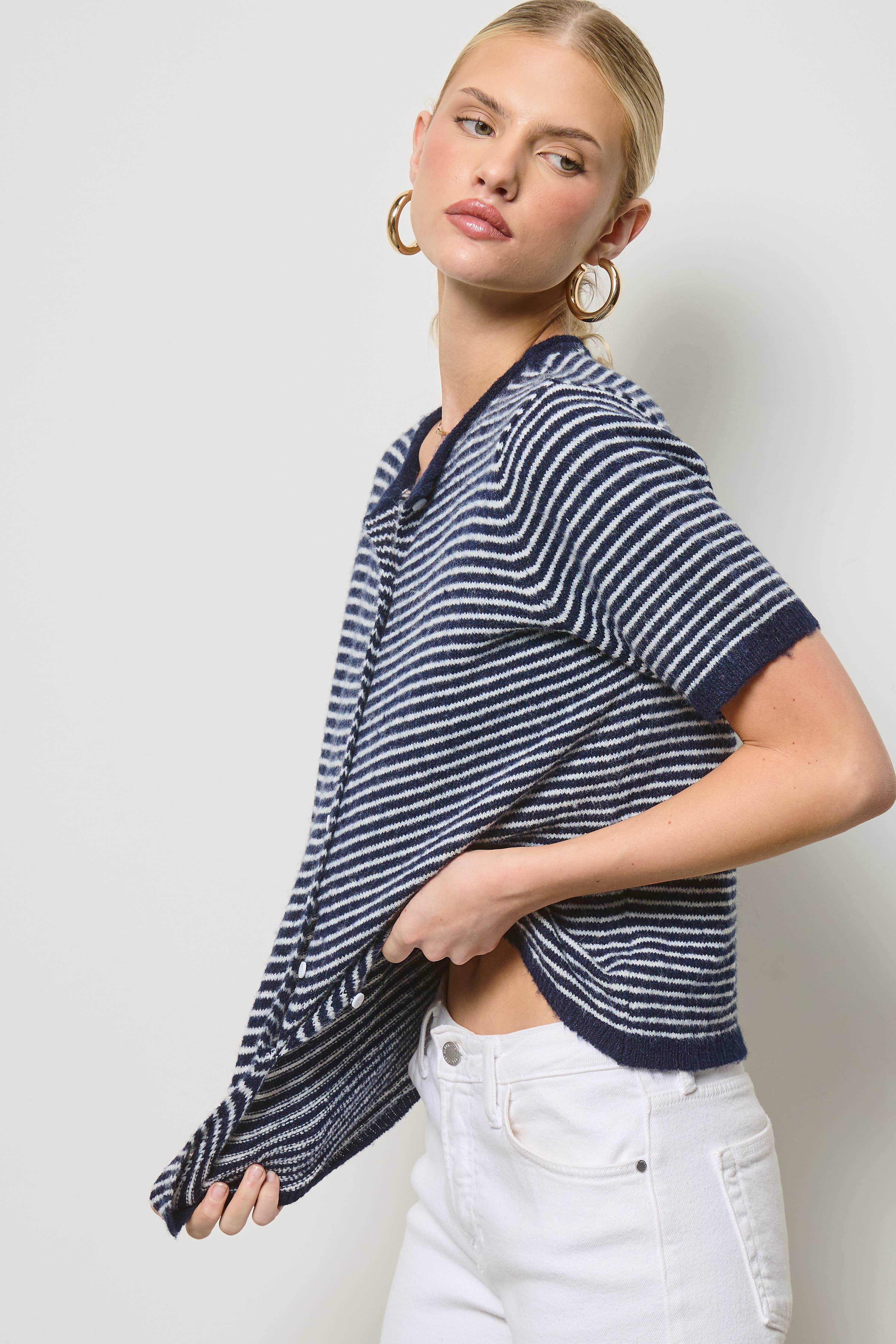 Fuzzy Short-Sleeve Cardigan (Navy)