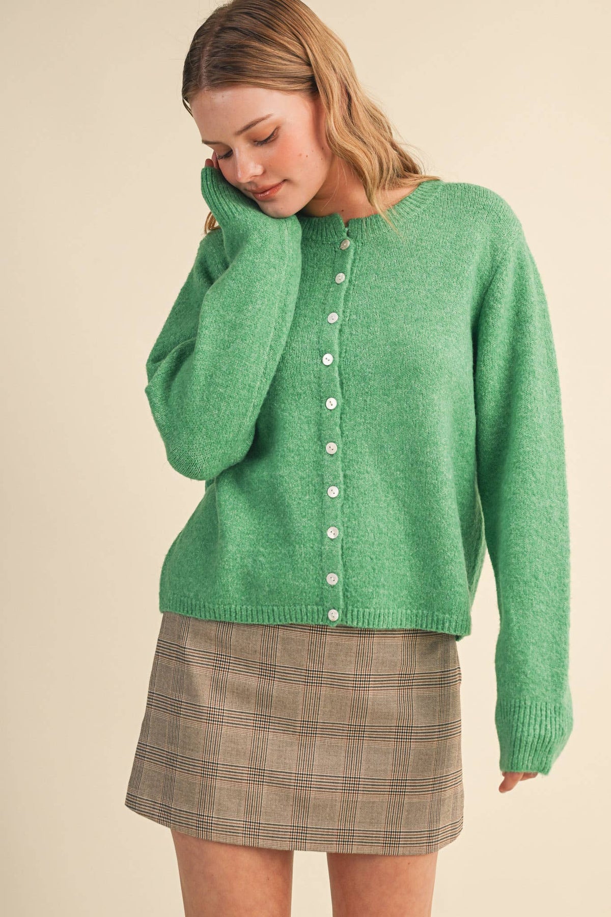 Marled Knit Collarless Cardi (Kelly Green)