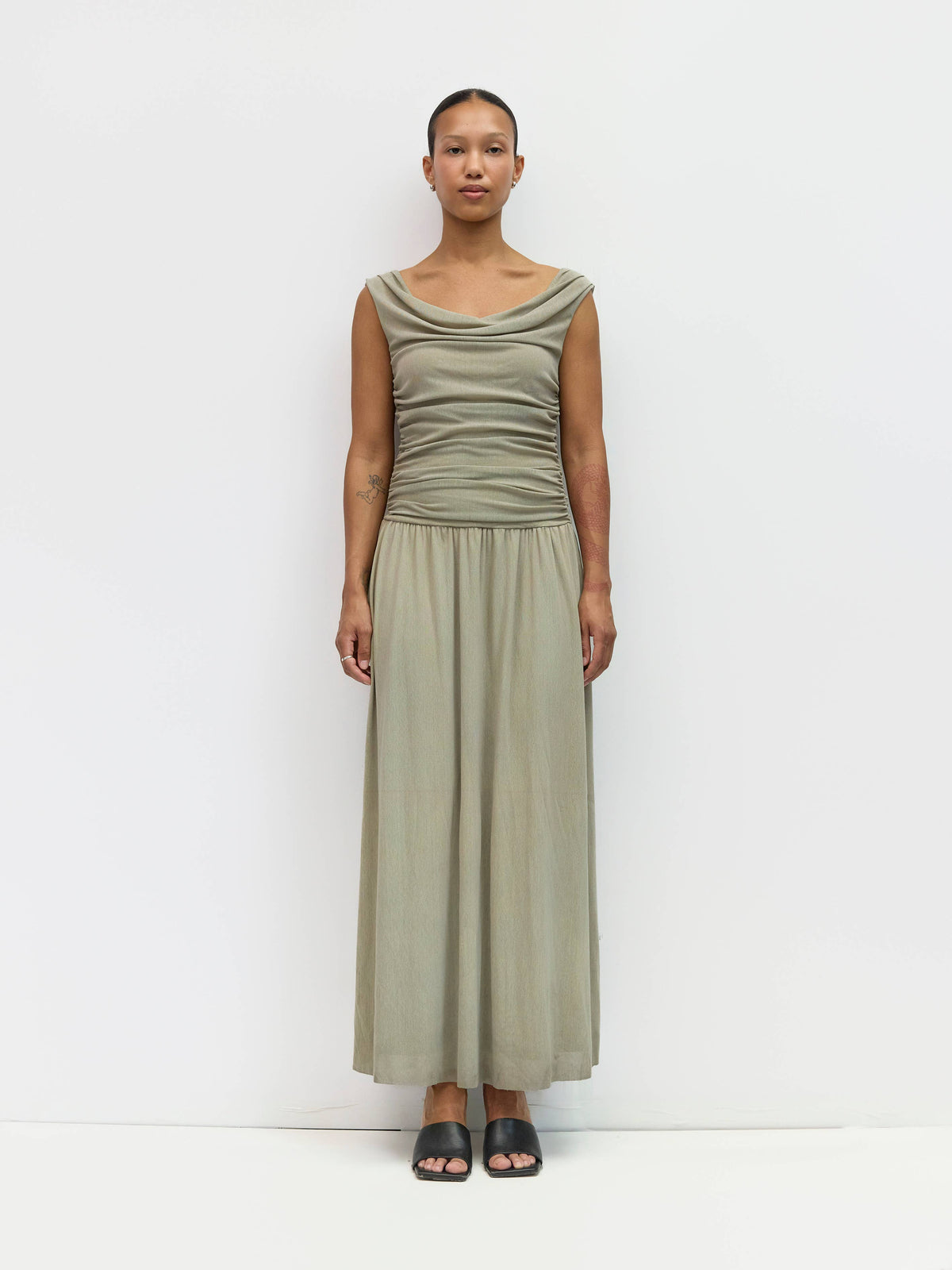 The Annabelle Dress (Cowl Wide Neck Drape Mesh Midi Dress, Taupe) | All Row