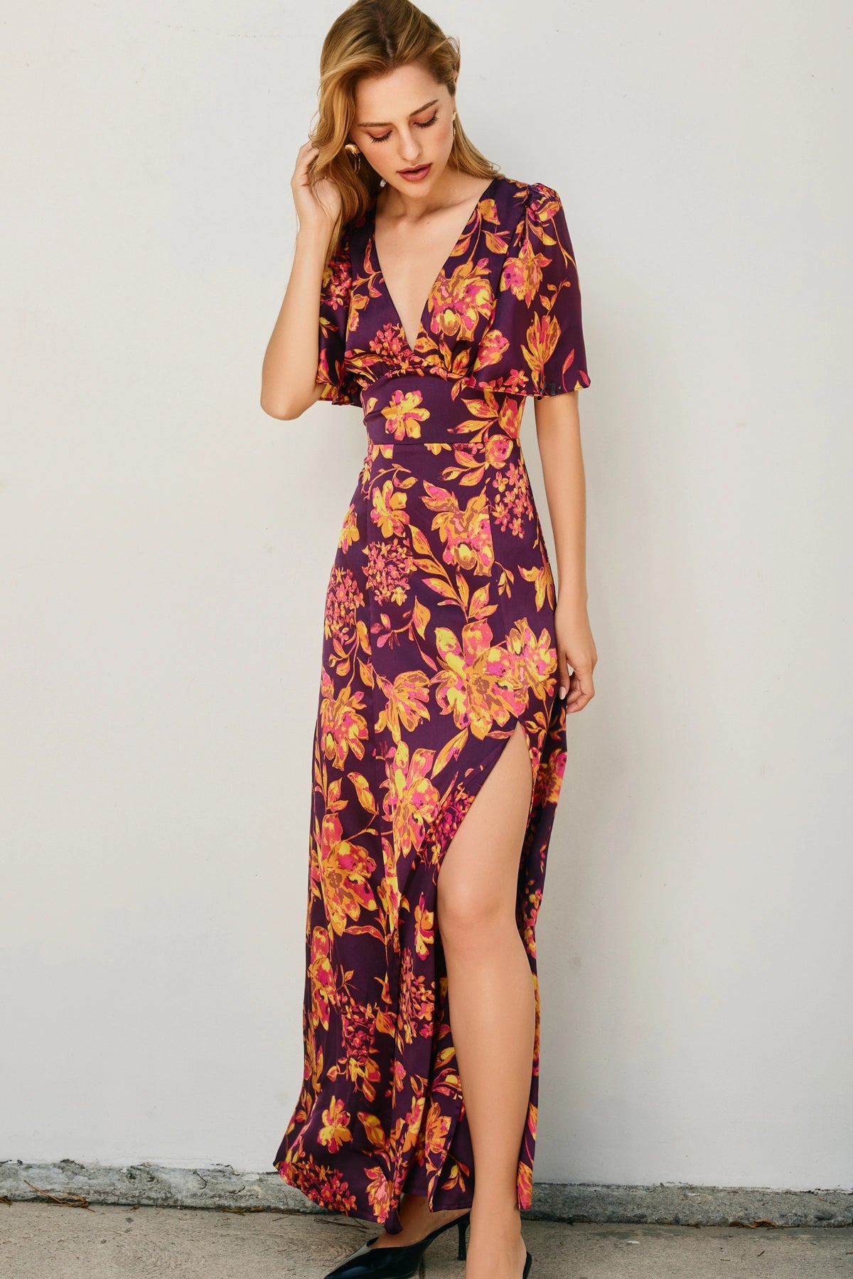 Bordeaux Flutter-Sleeve Maxi