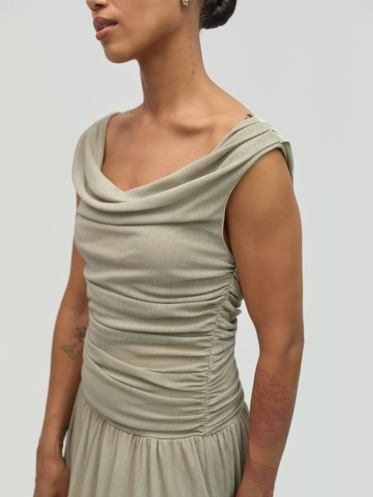 The Annabelle Dress (Cowl Wide Neck Drape Mesh Midi Dress, Taupe) | All Row