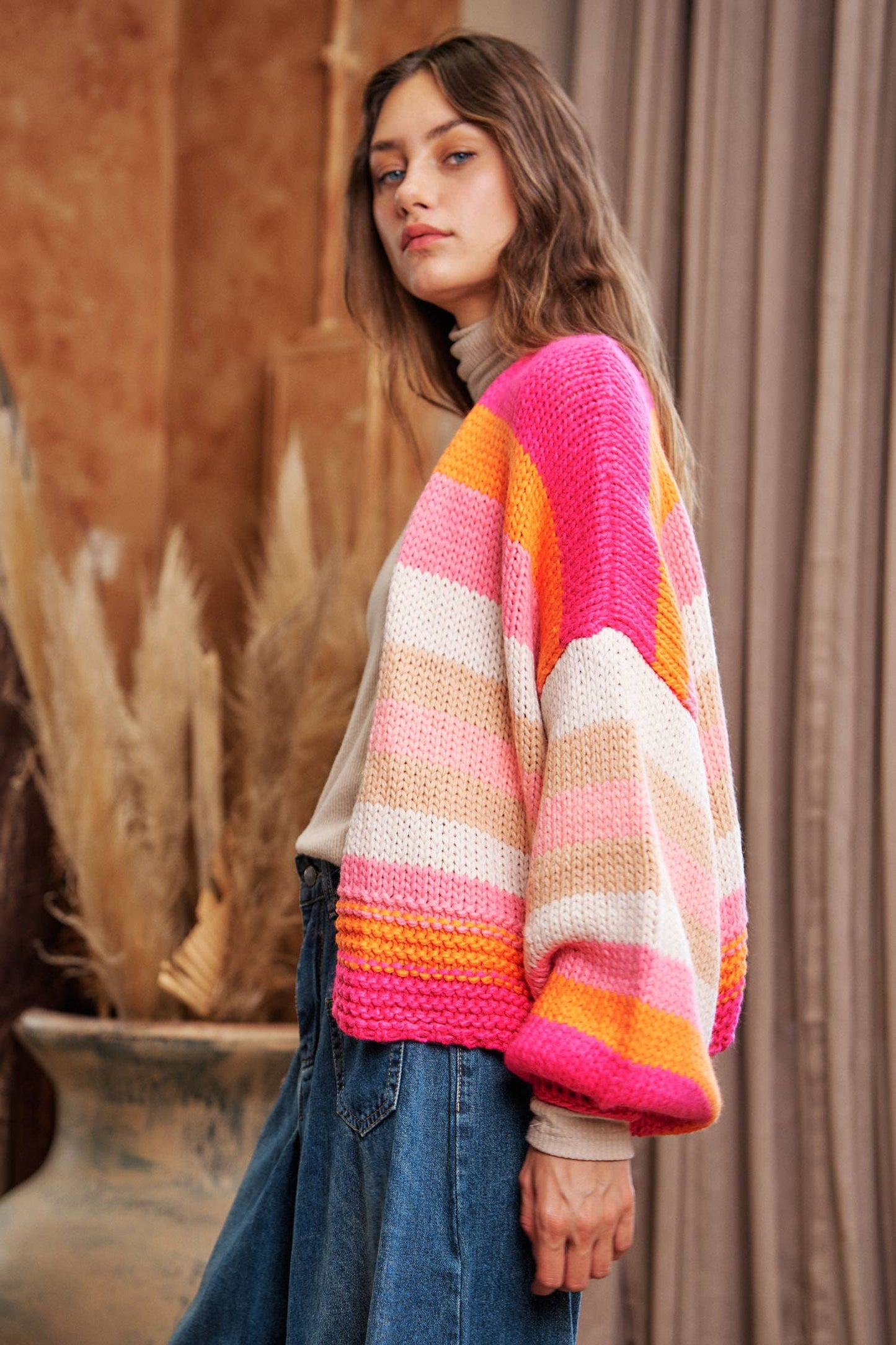 Striped Balloon Sleeve Cardi