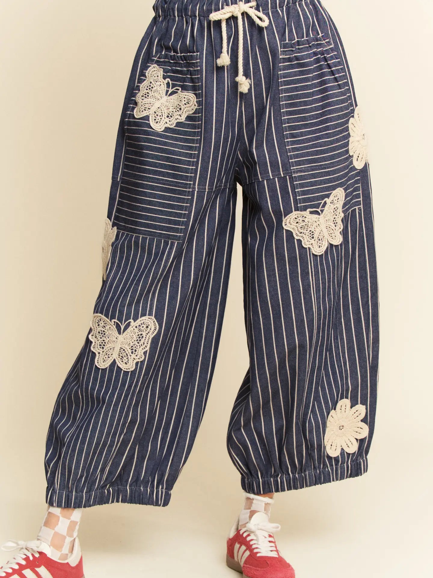 Denim Striped Applique Barrel Pants