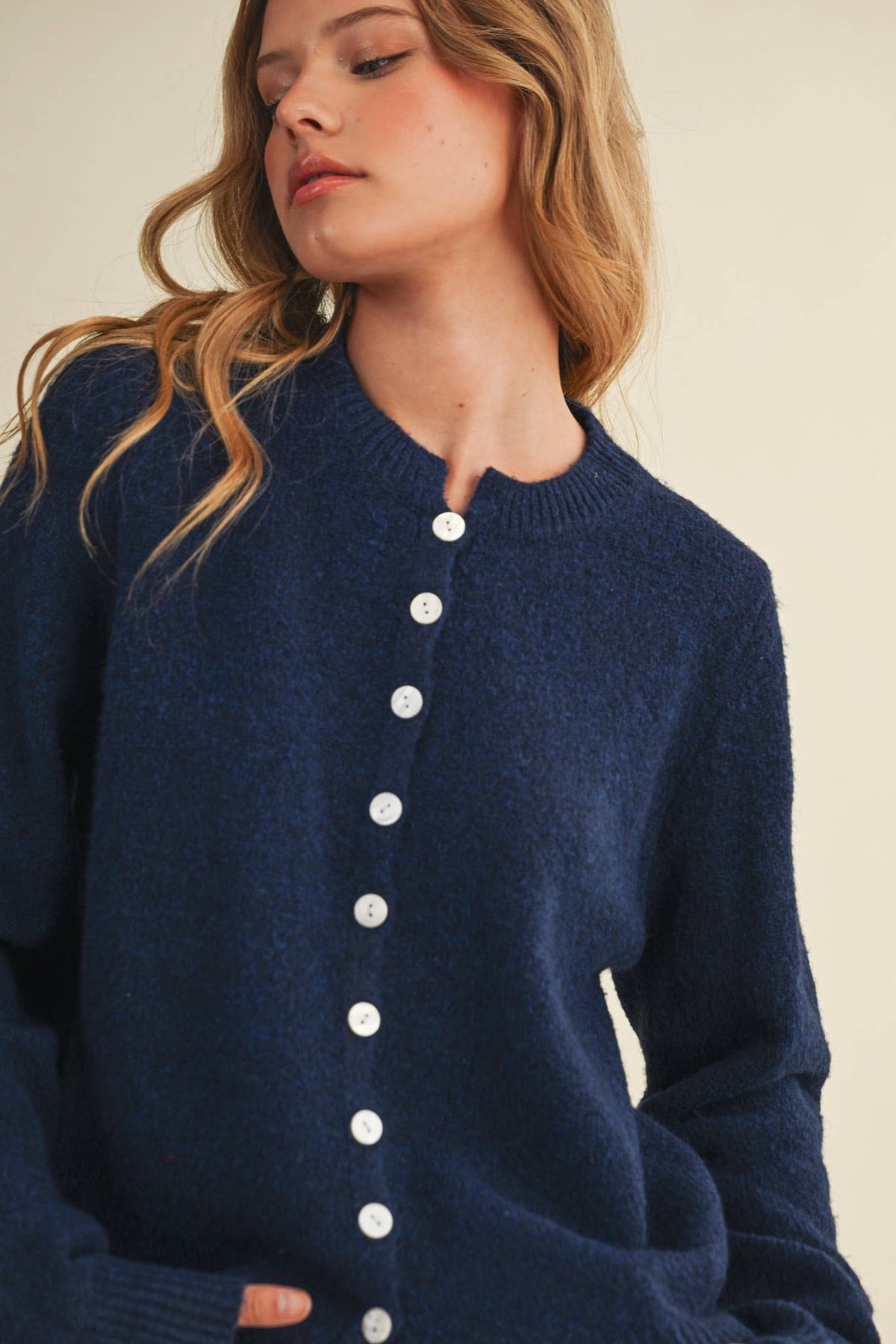 Marled Knit Collarless Cardi (Navy)