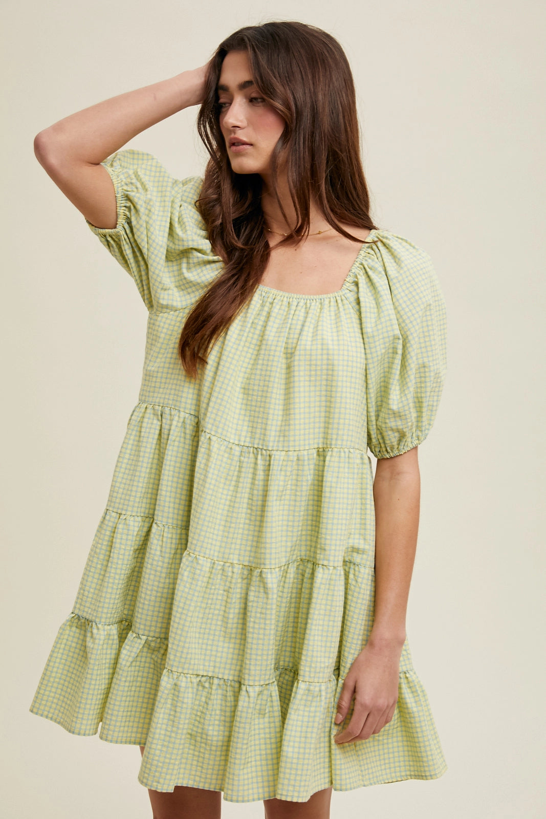 Plaid Puff-Sleeve Tiered Minidress (Blue + Yellow)