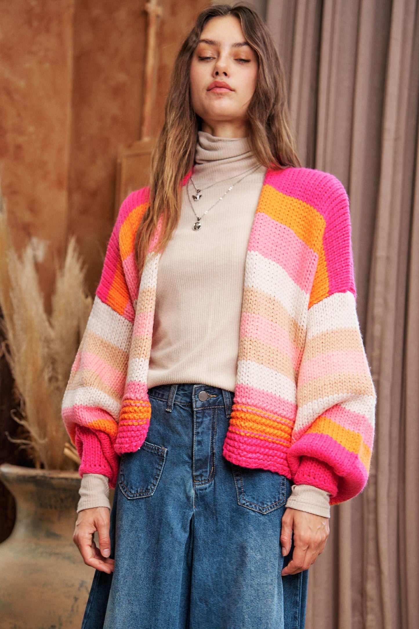 Striped Balloon Sleeve Cardi