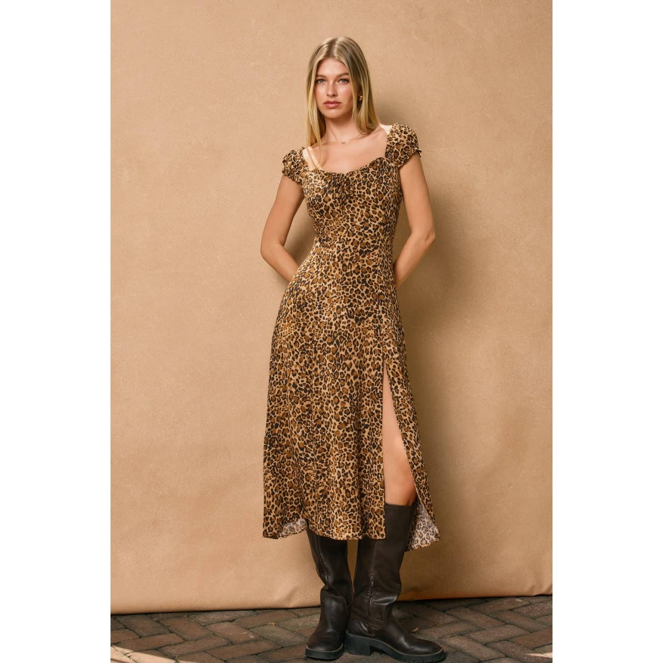 Leopard Cap Sleeve Midi Dress